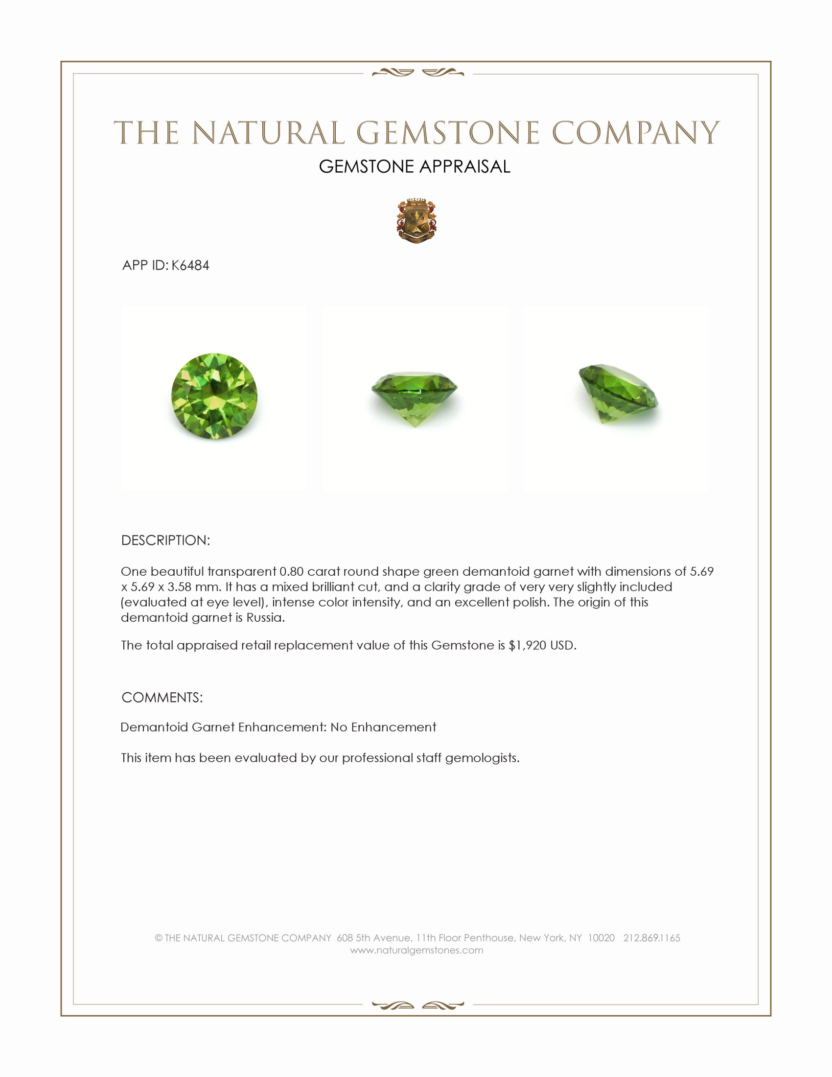 0.80 Ct. Green Demantoid Garnet from Russia