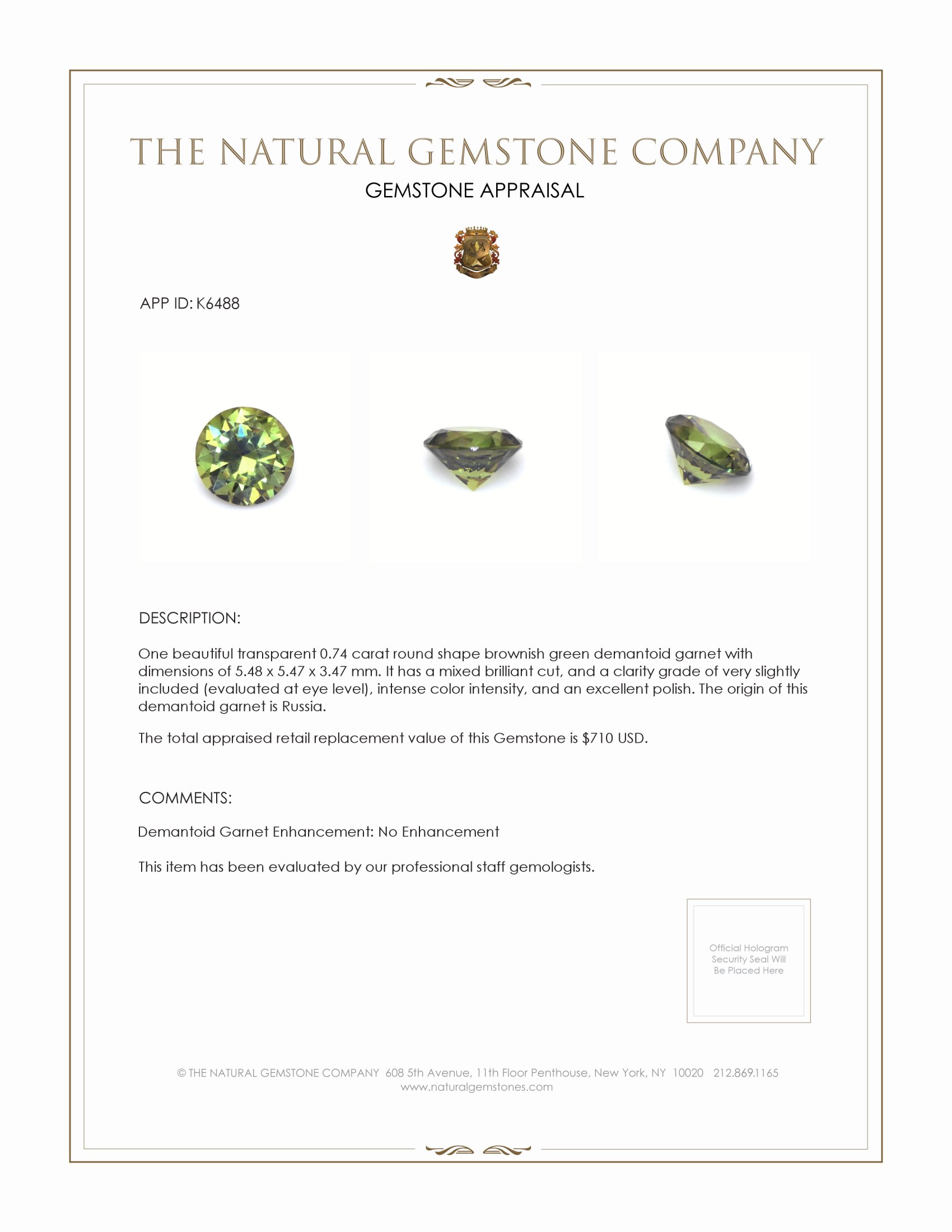 0.74 Ct. Demantoid Garnet from Russia