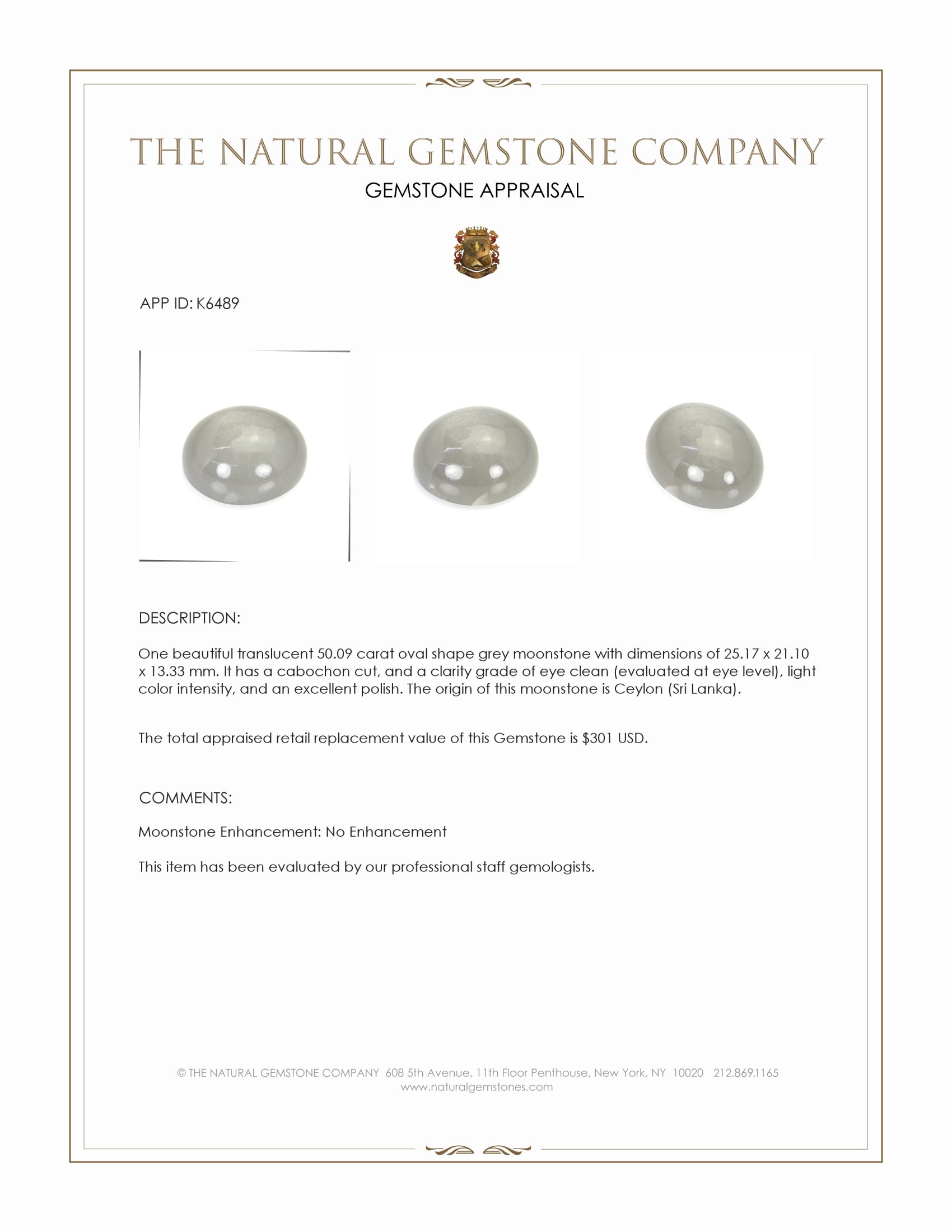 50.09 Ct. Grey Cabochon Moonstone from Ceylon (Sri Lanka)