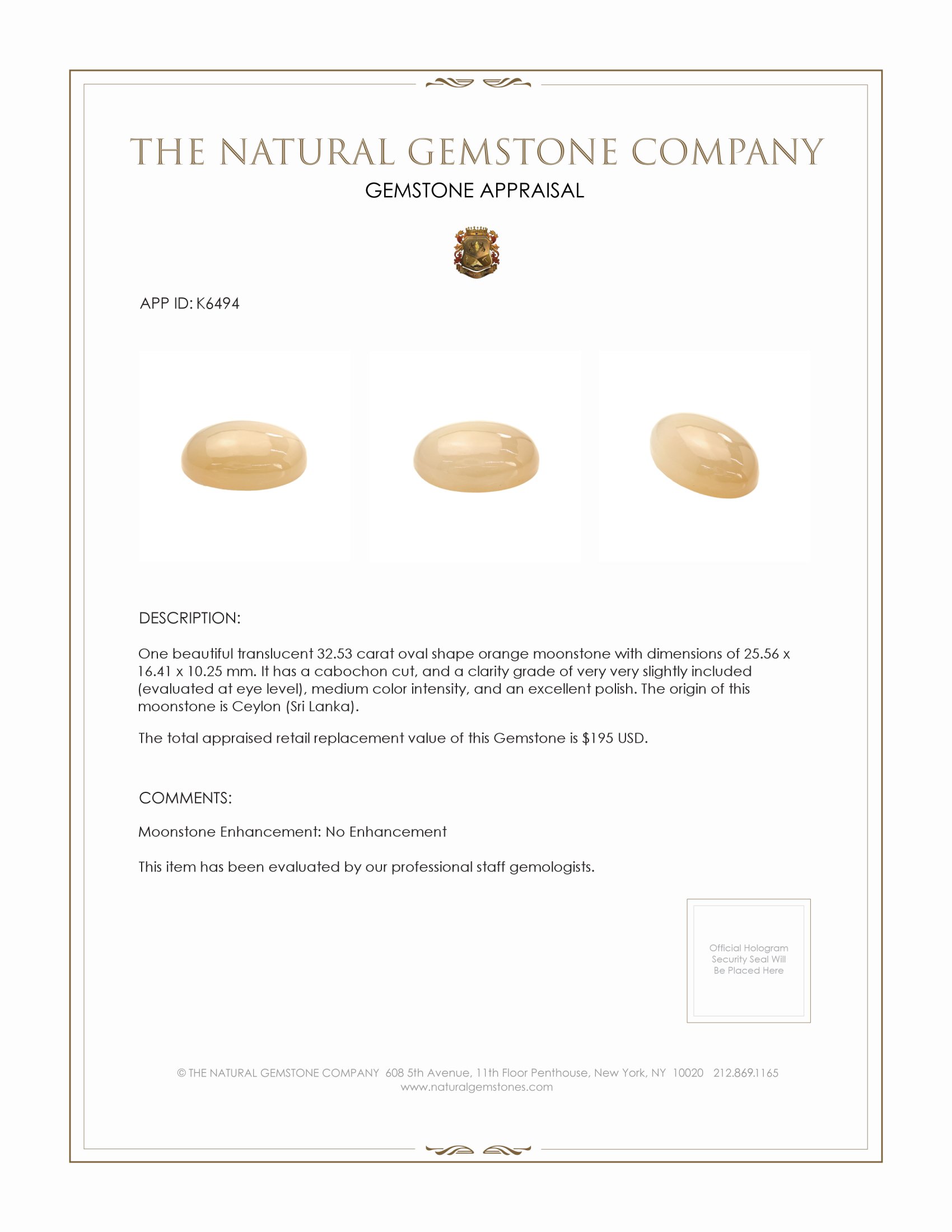 32.53 Ct. Cabochon Moonstone from Ceylon (Sri Lanka)