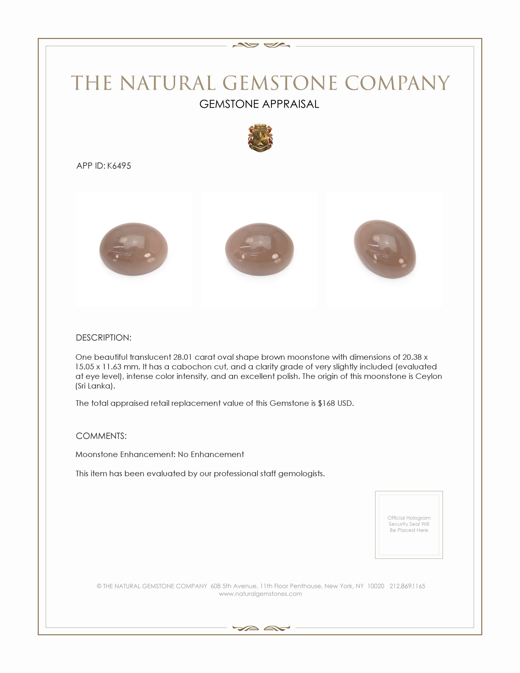 28.01 Ct. Brown Cabochon Moonstone from Ceylon (Sri Lanka)