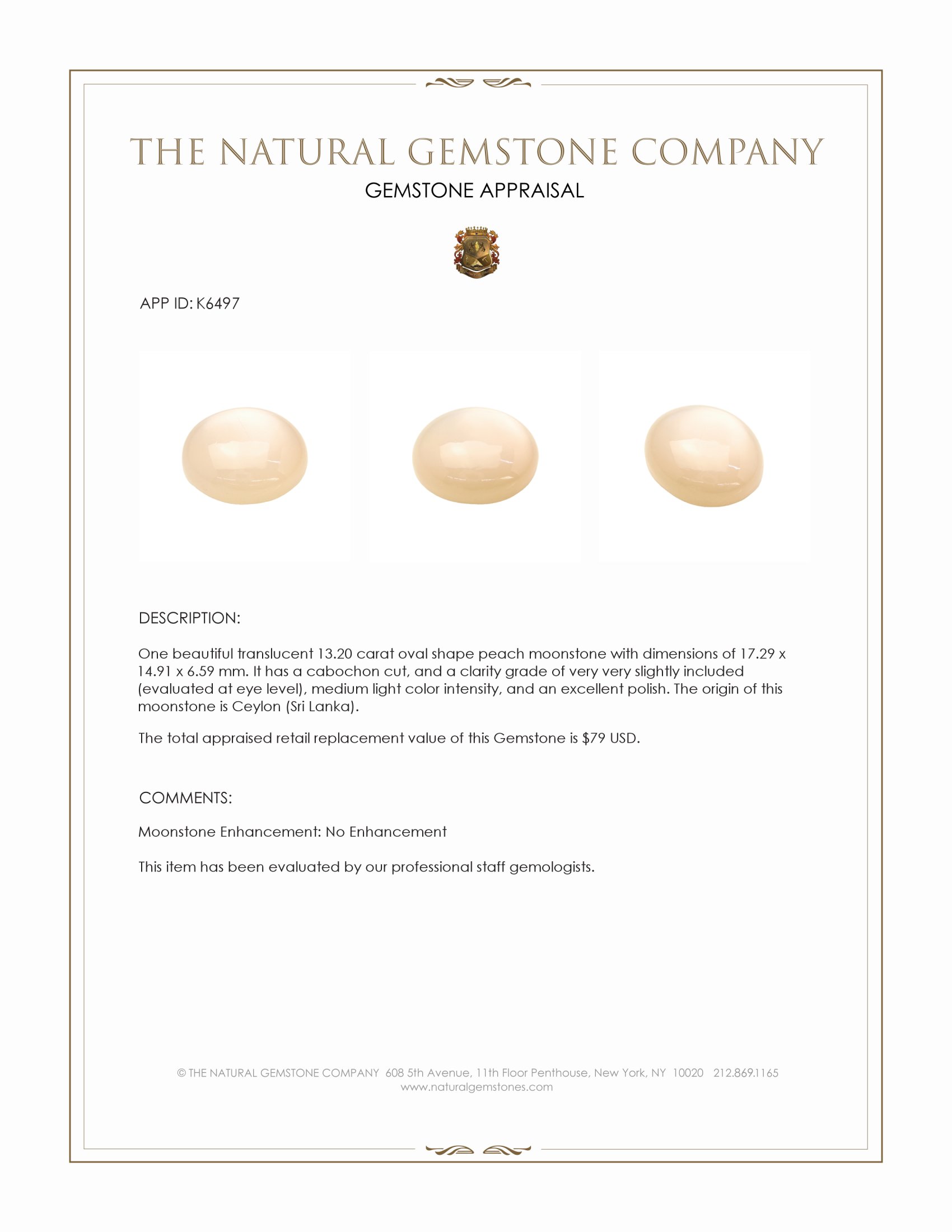 13.20 Ct. Peach Cabochon Moonstone from Ceylon (Sri Lanka)