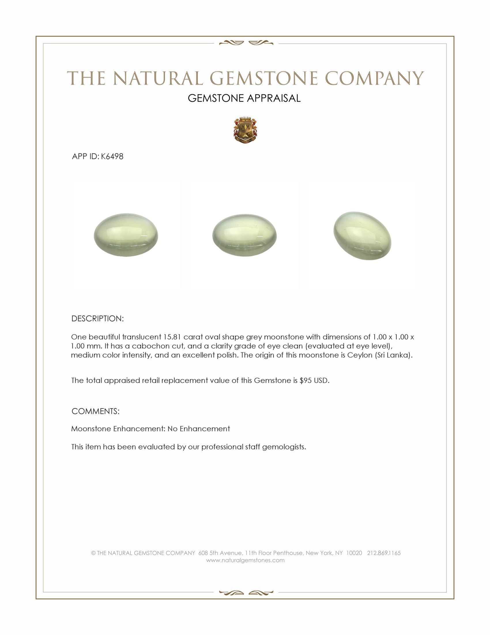 15.81 Ct. Cabochon Moonstone from Ceylon (Sri Lanka)