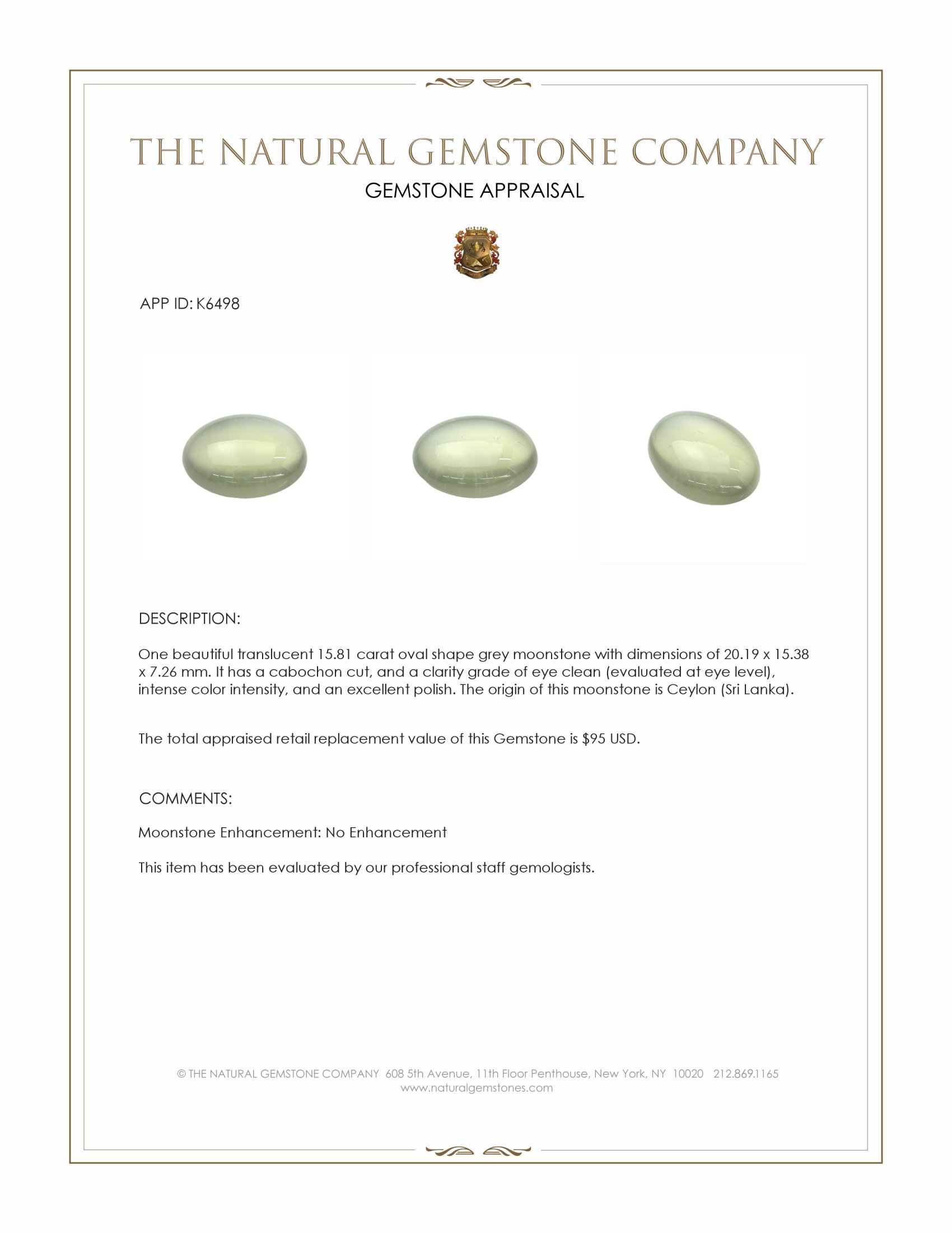 15.81 Ct. Cabochon Moonstone from Ceylon (Sri Lanka)