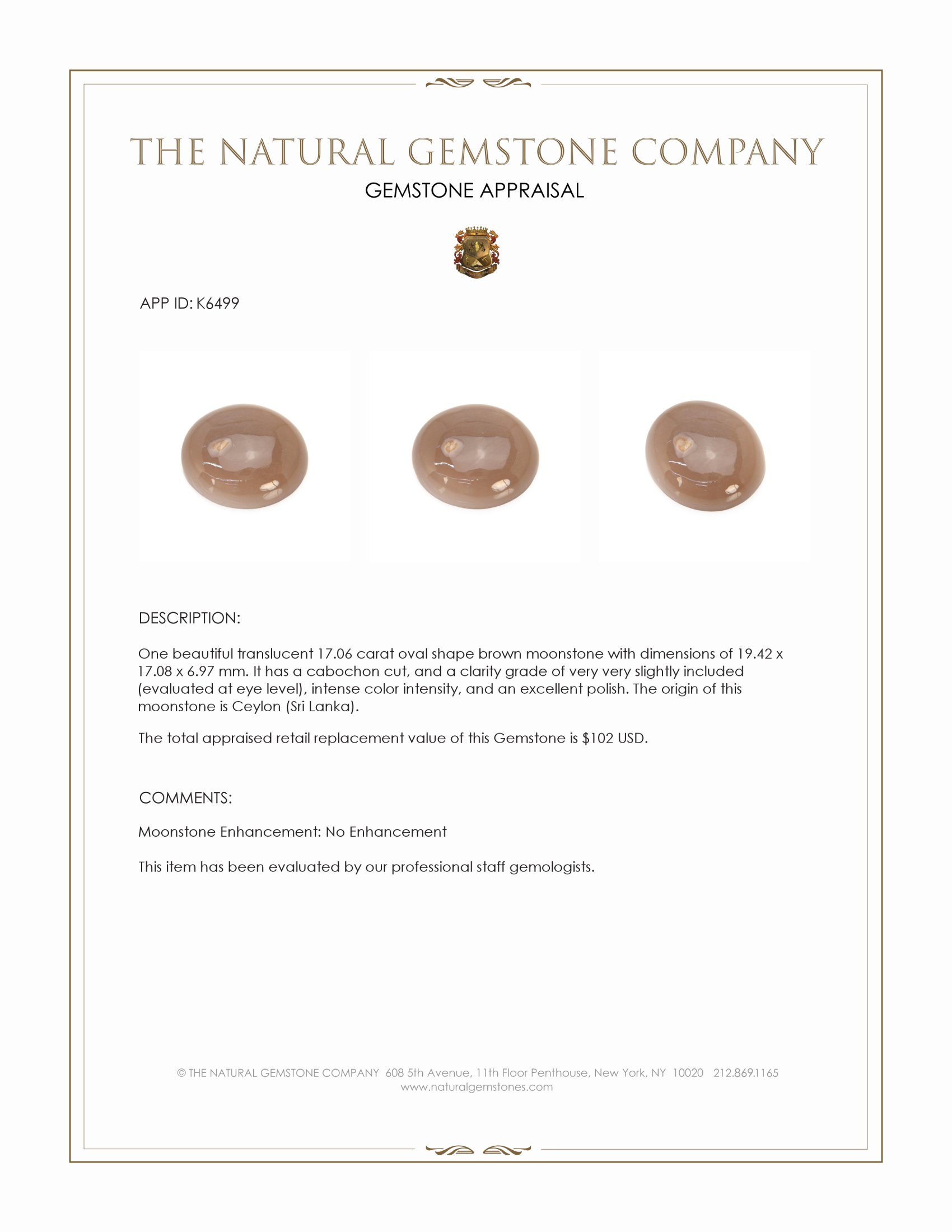 17.06 Ct. Brown Cabochon Moonstone from Ceylon (Sri Lanka)