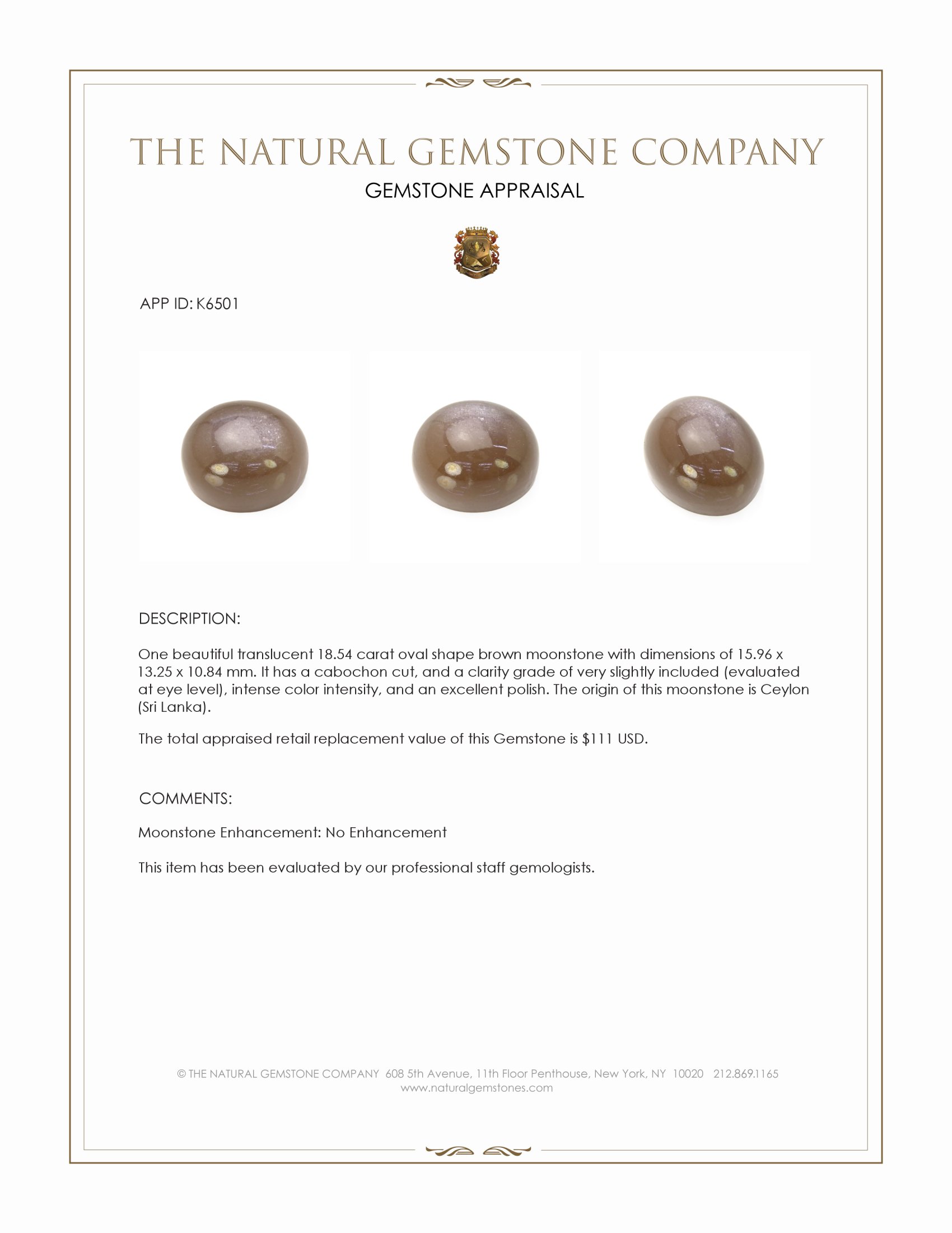 18.54 Ct. Brown Cabochon Moonstone from Ceylon (Sri Lanka)