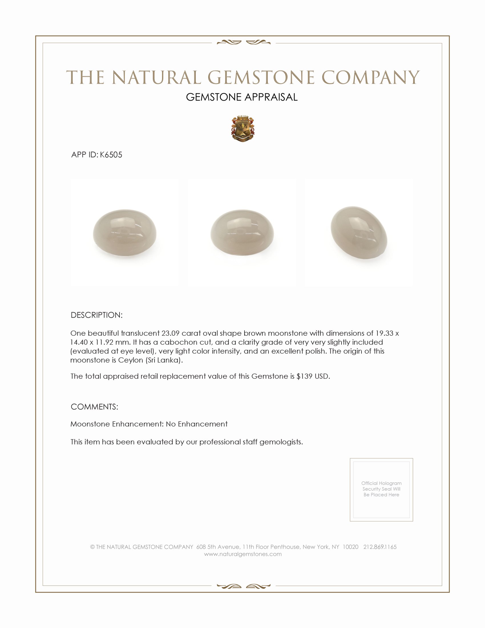 23.09 Ct. Grey Cabochon Moonstone from Ceylon (Sri Lanka)