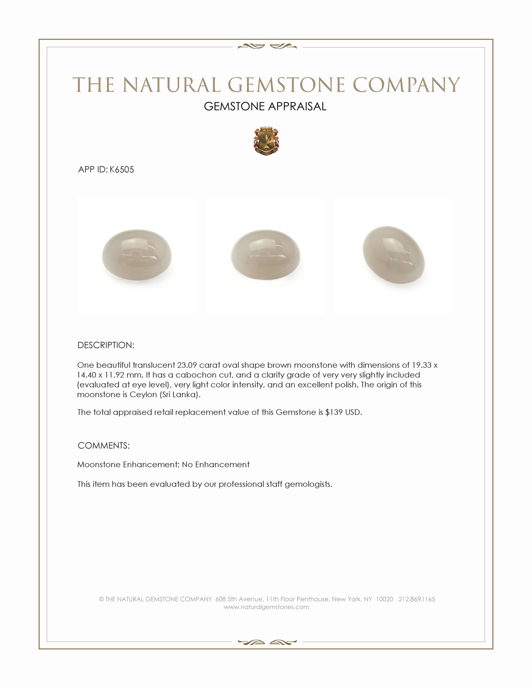 23.09 Ct. Cabochon Moonstone from Ceylon (Sri Lanka)