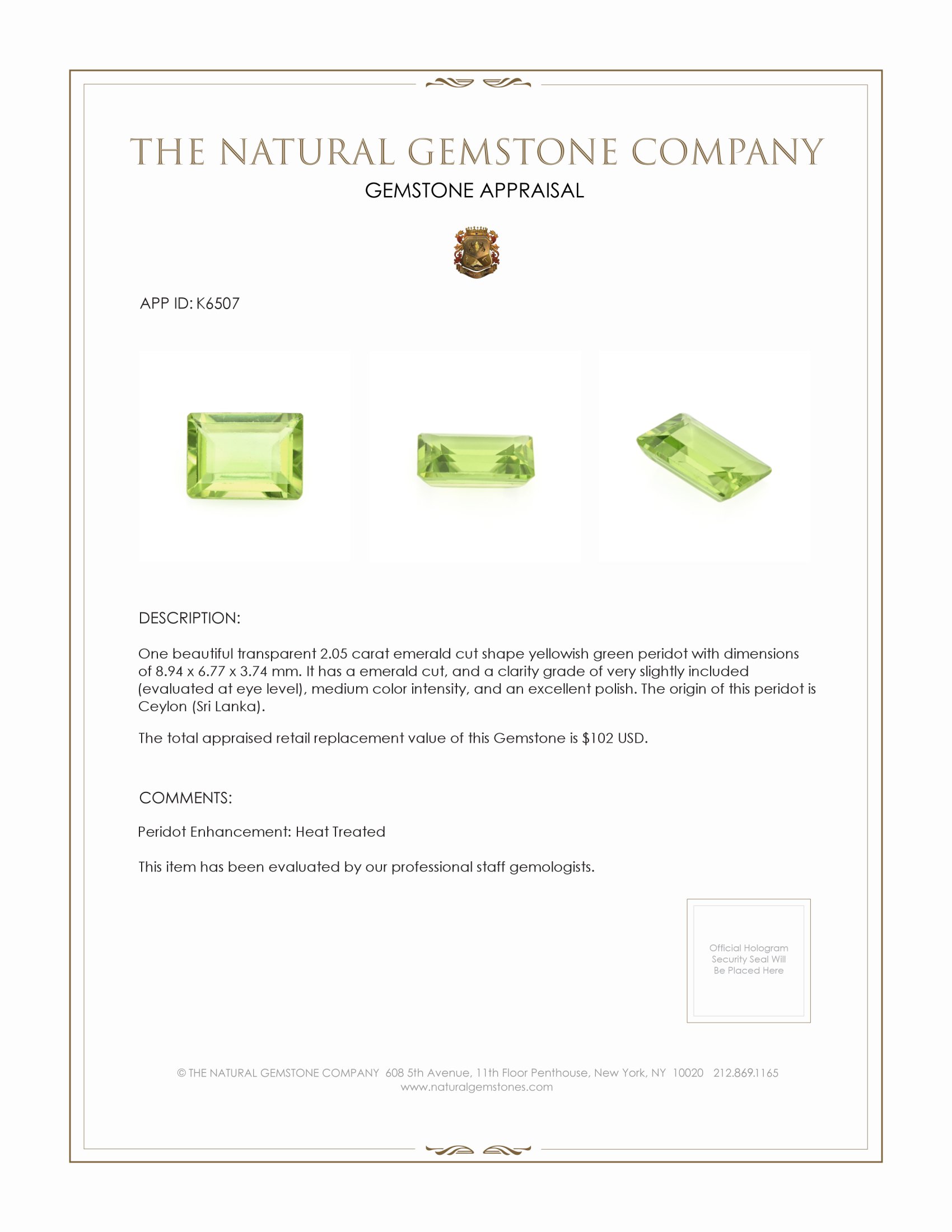 2.05 Ct. Yellowish Green Peridot from Ceylon (Sri Lanka)