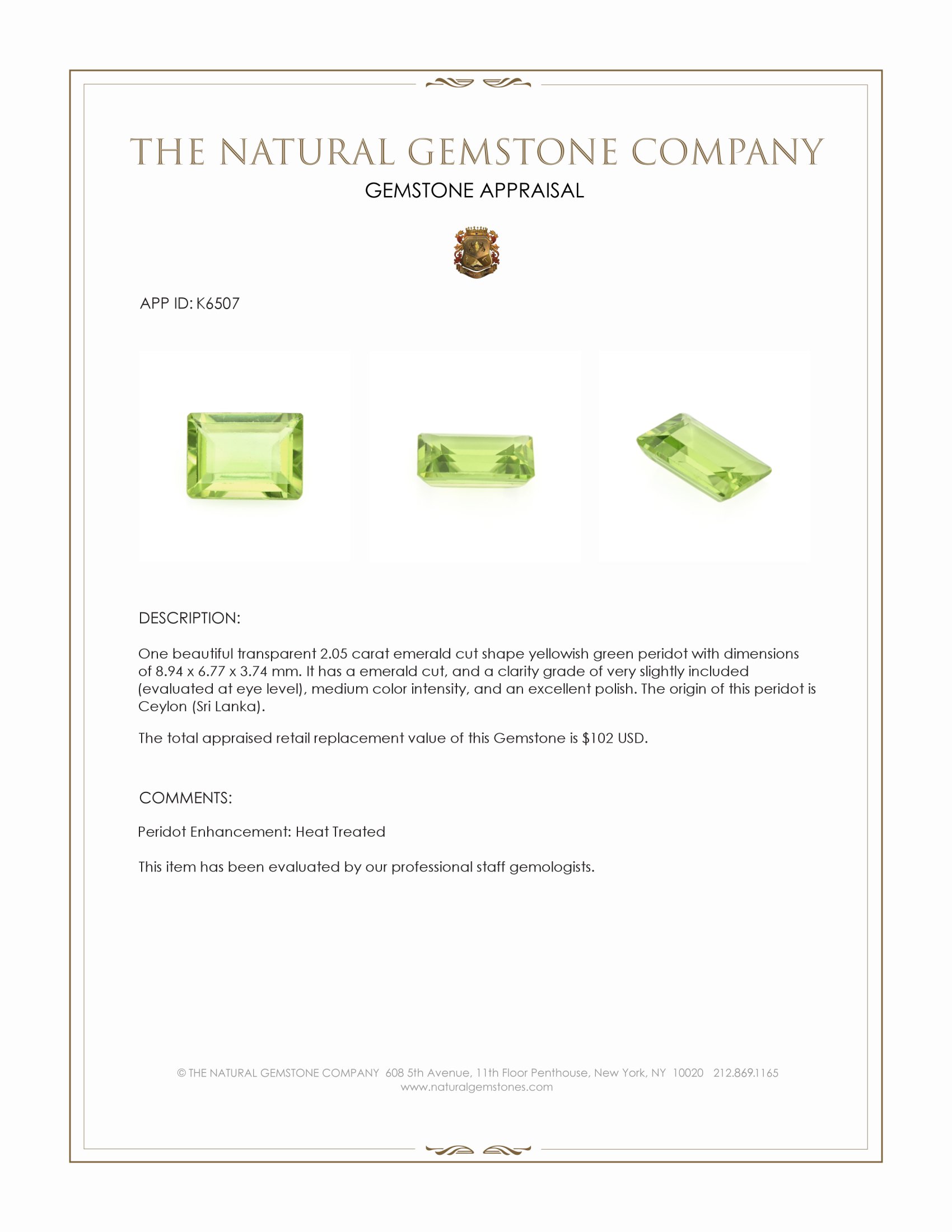 2.05 Ct. Peridot from Ceylon (Sri Lanka)