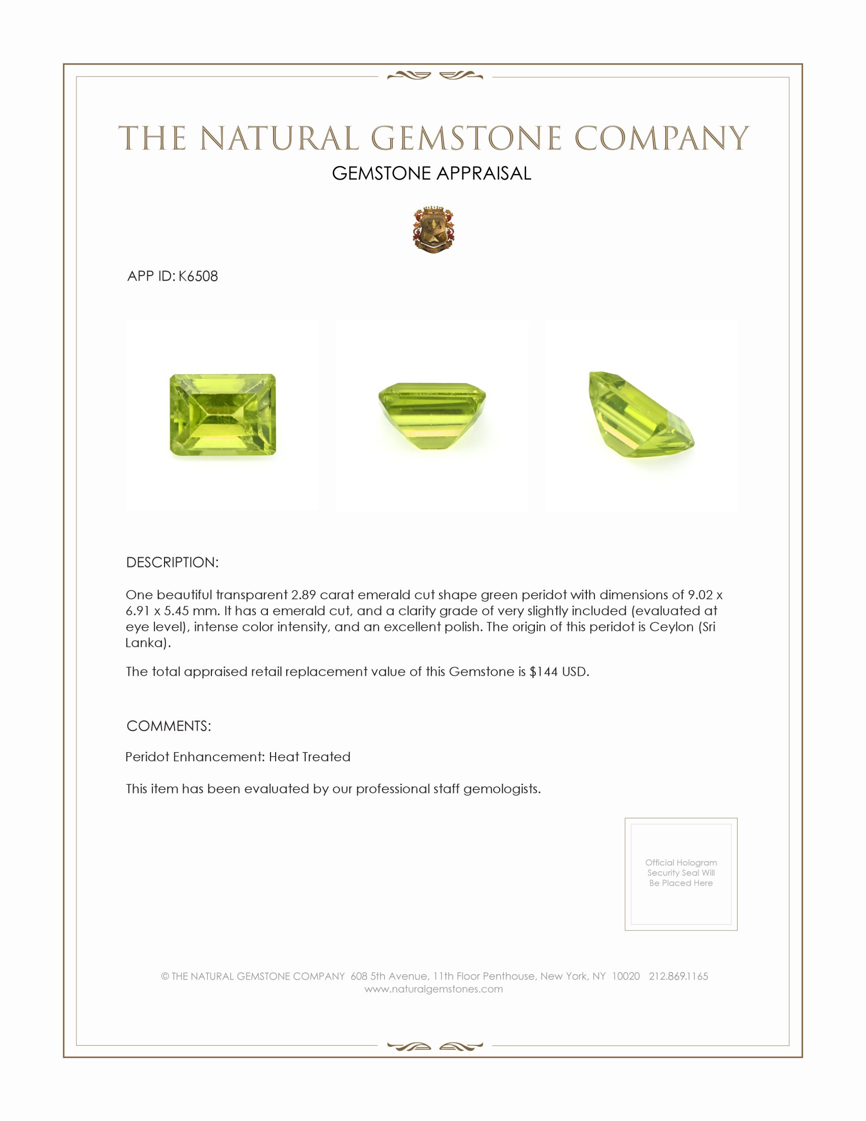 2.89 Ct. Green (Lime Green) Peridot from Ceylon (Sri Lanka)