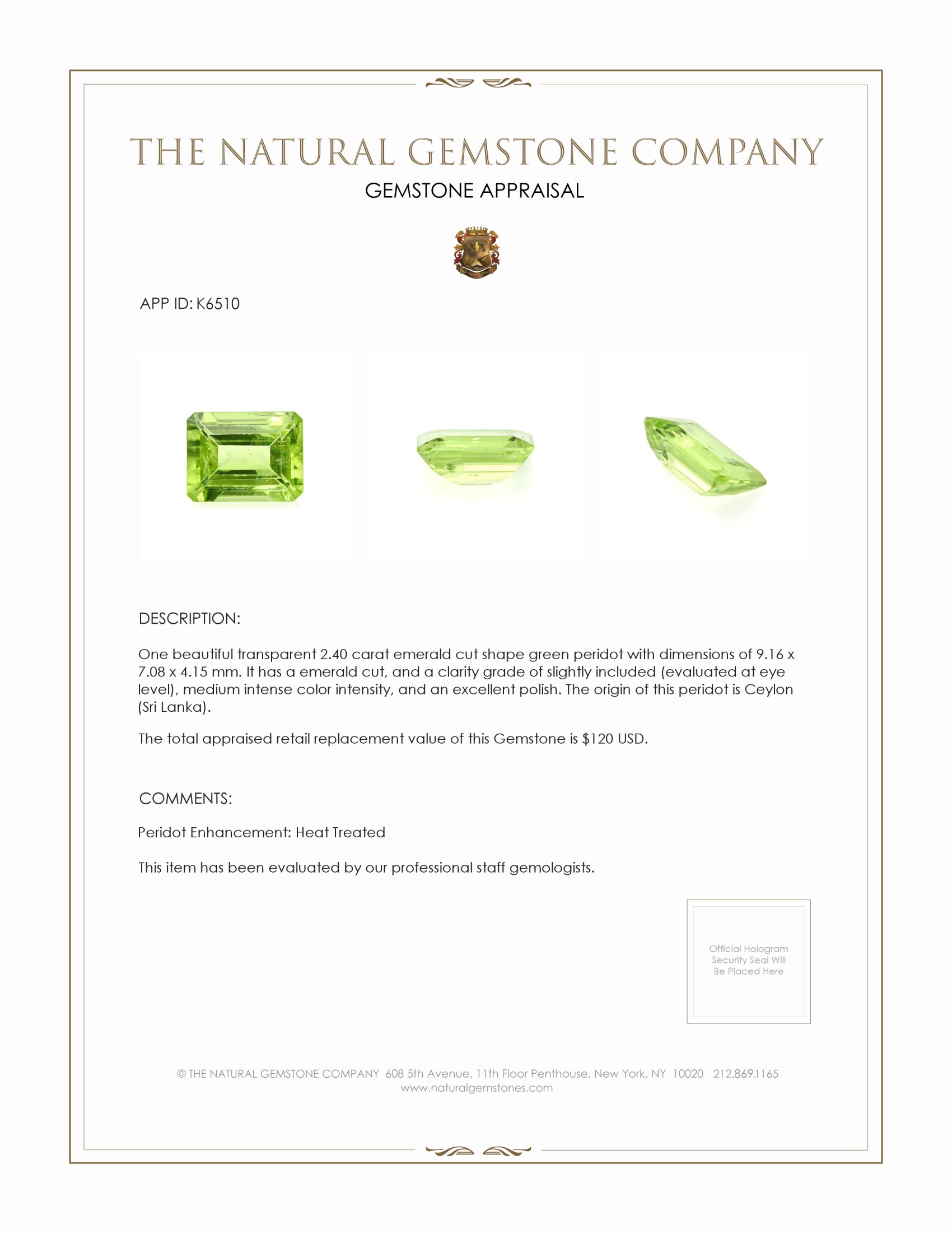 2.40 Ct. Green (Lime Green) Peridot from Ceylon (Sri Lanka)