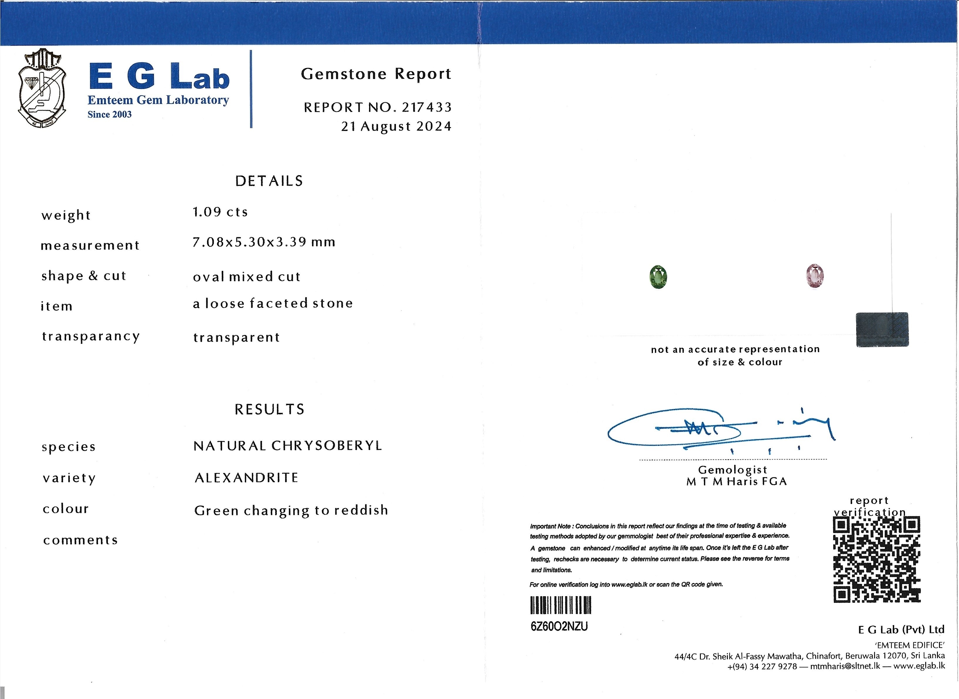 1.09 Ct. Alexandrite from Ceylon (Sri Lanka)