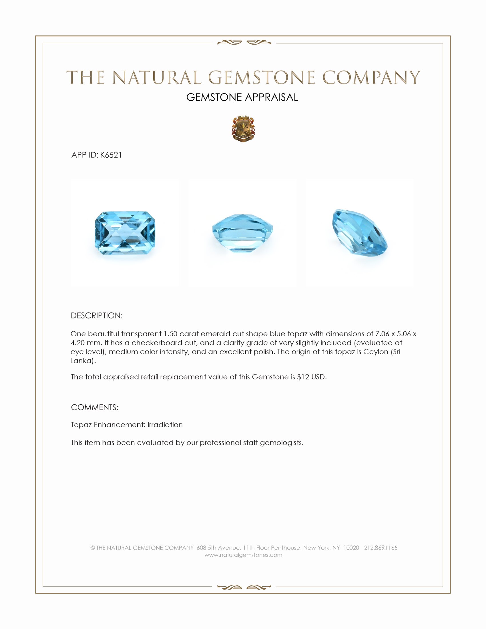 1.50 Ct. Blue Topaz from Ceylon (Sri Lanka)