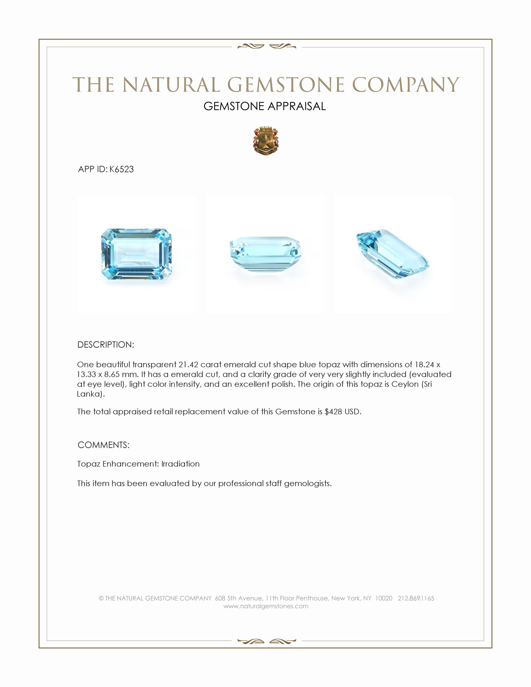 21.42 Ct. Blue Topaz from Ceylon (Sri Lanka)