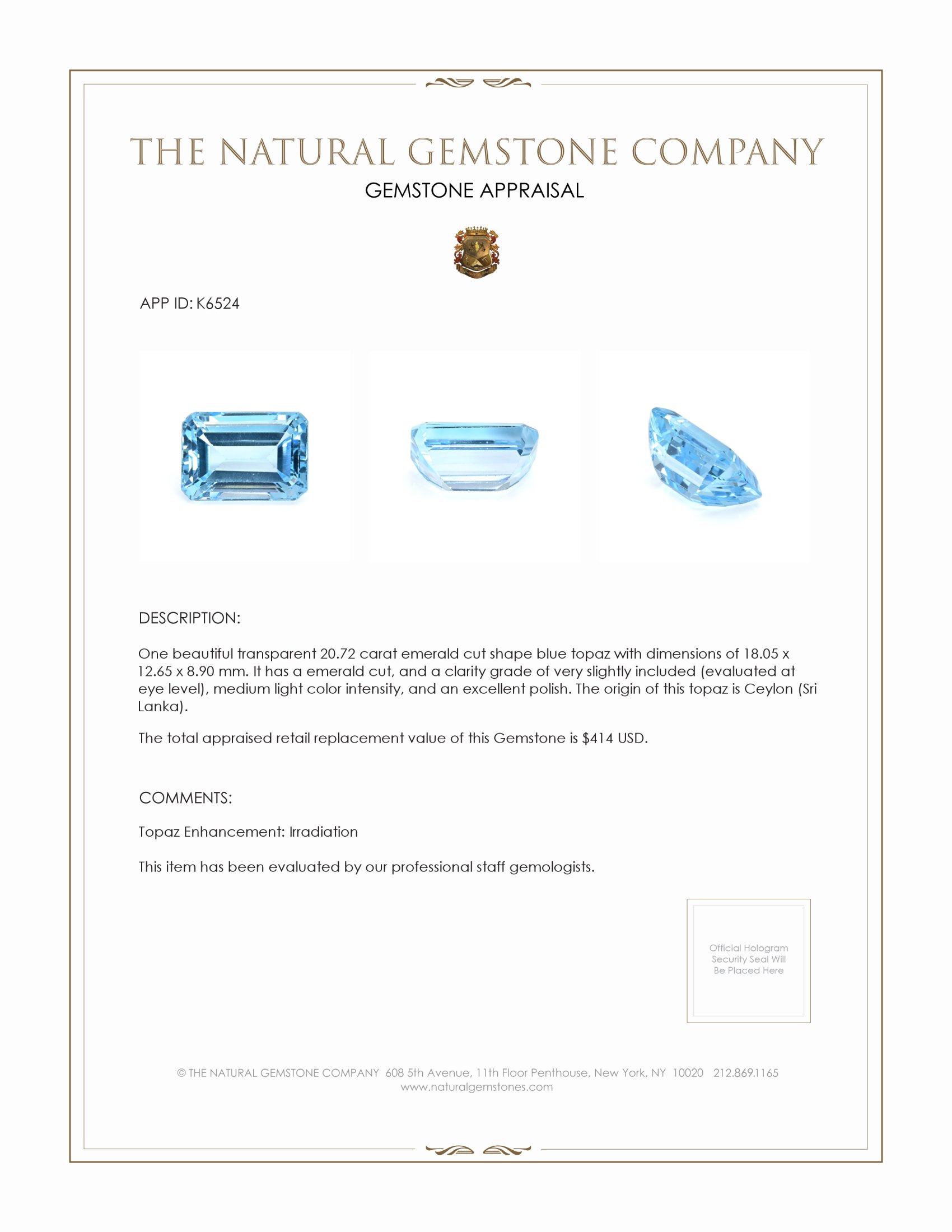 20.72 Ct. Blue Topaz from Ceylon (Sri Lanka)