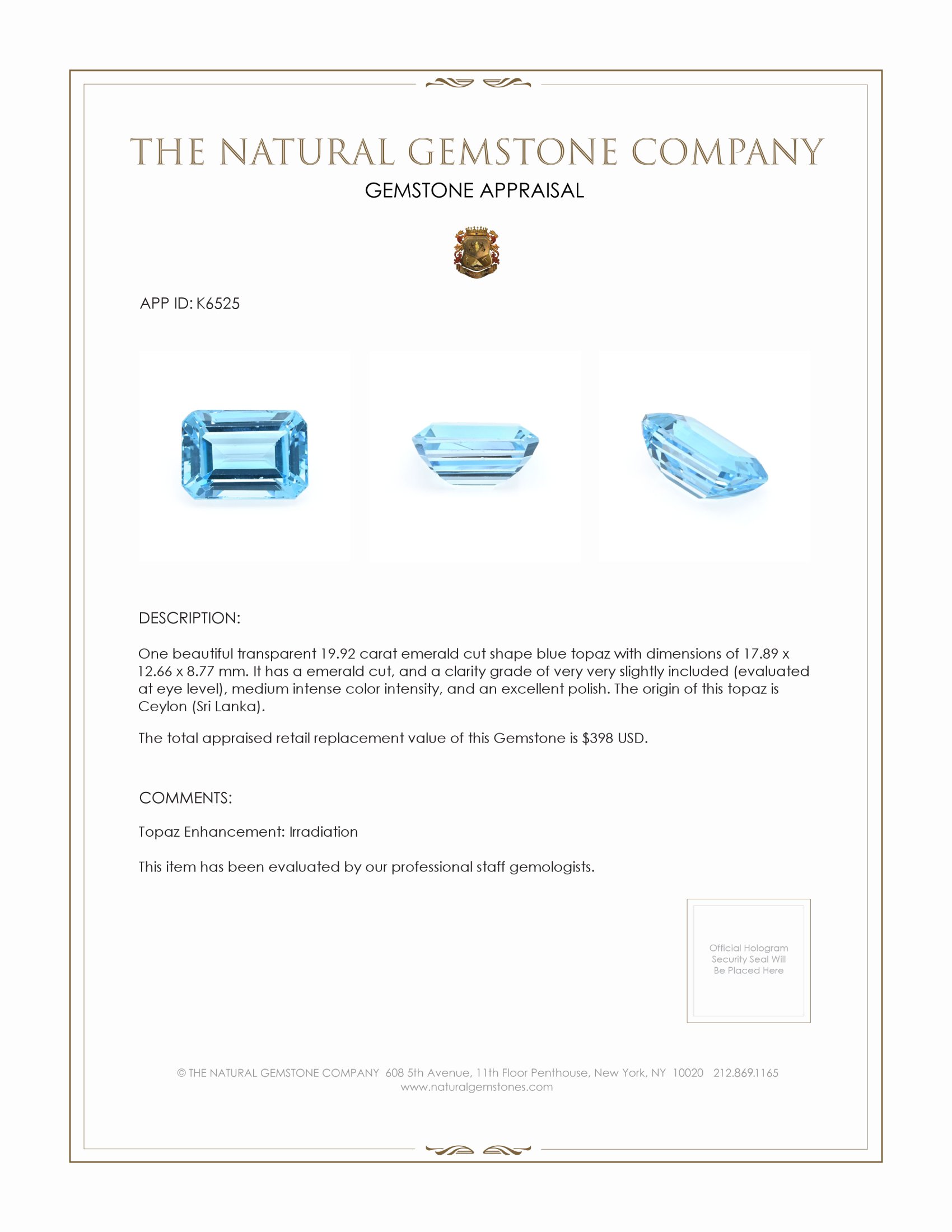 19.92 Ct. Blue Topaz from Ceylon (Sri Lanka)