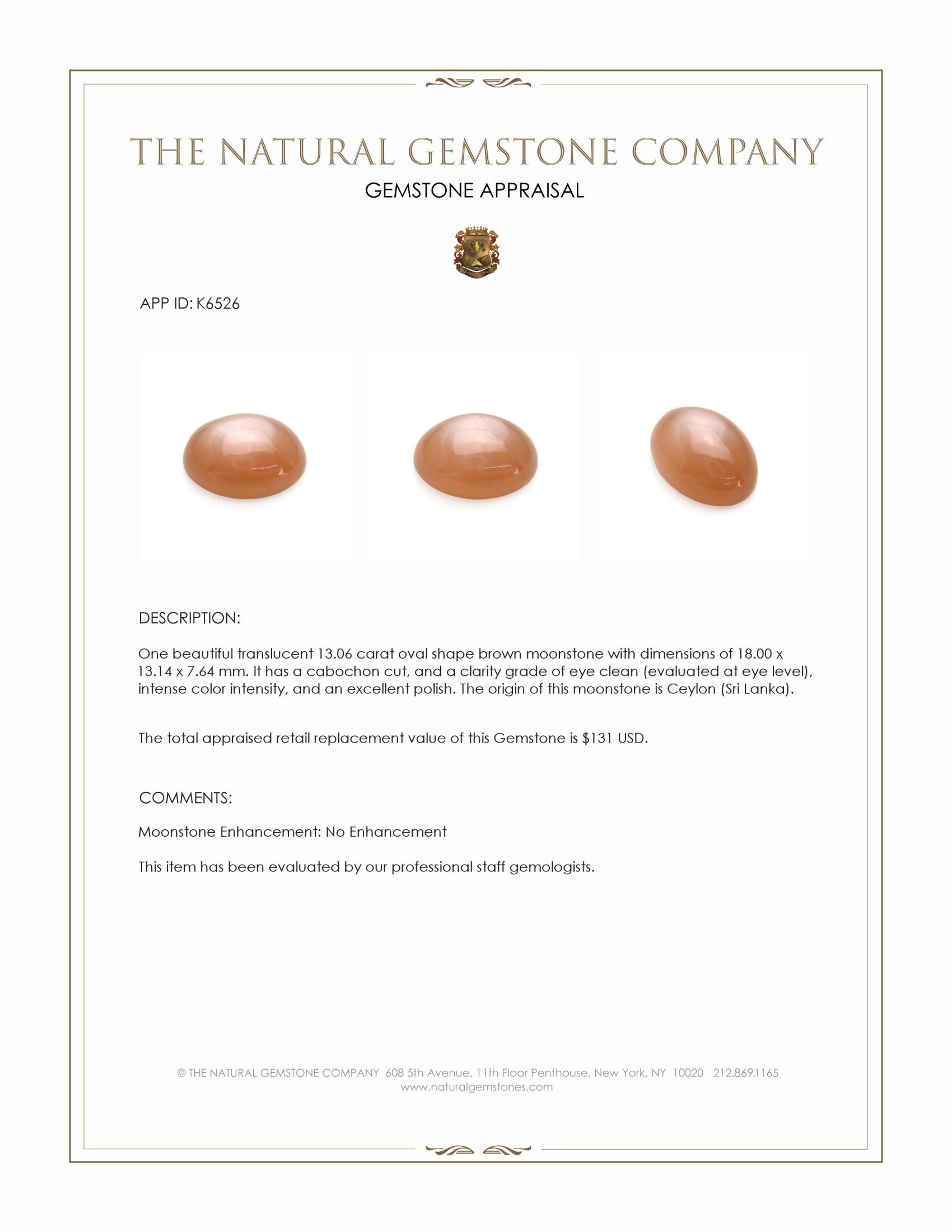 13.06 Ct. Brown Cabochon Moonstone from Ceylon (Sri Lanka)