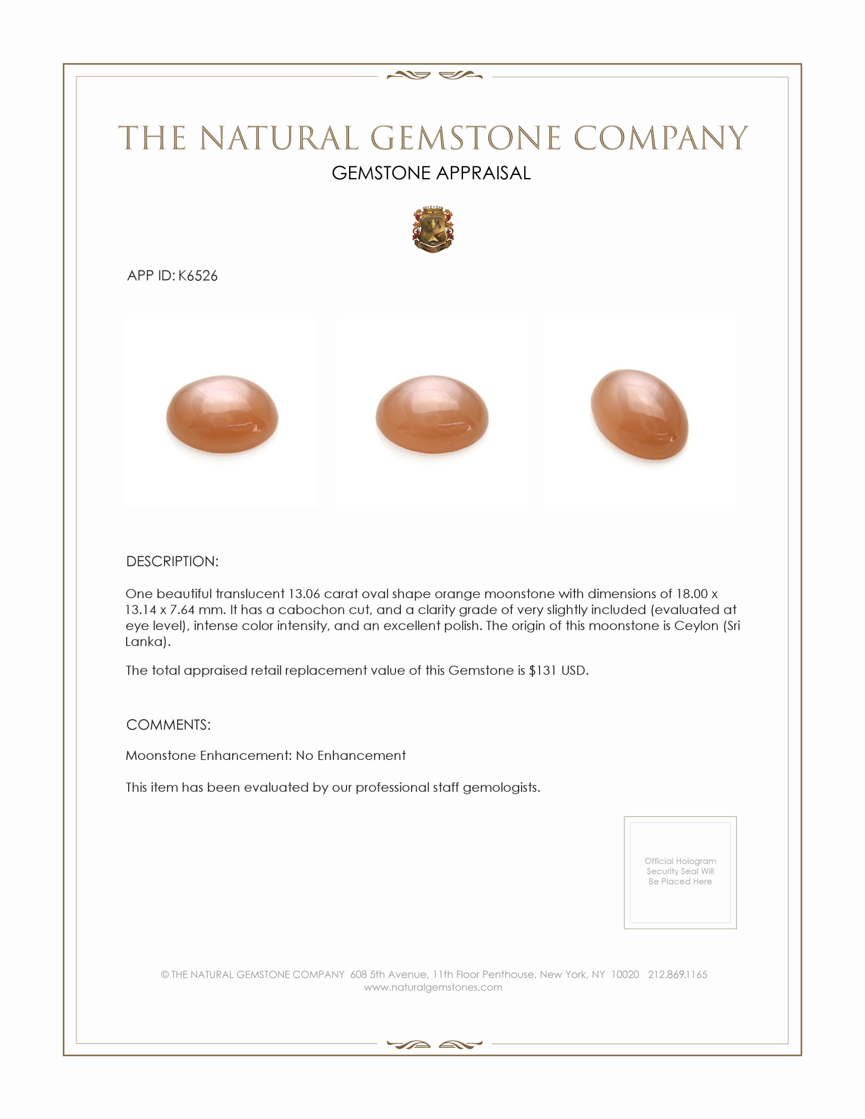 13.06 Ct. Cabochon Moonstone from Ceylon (Sri Lanka)