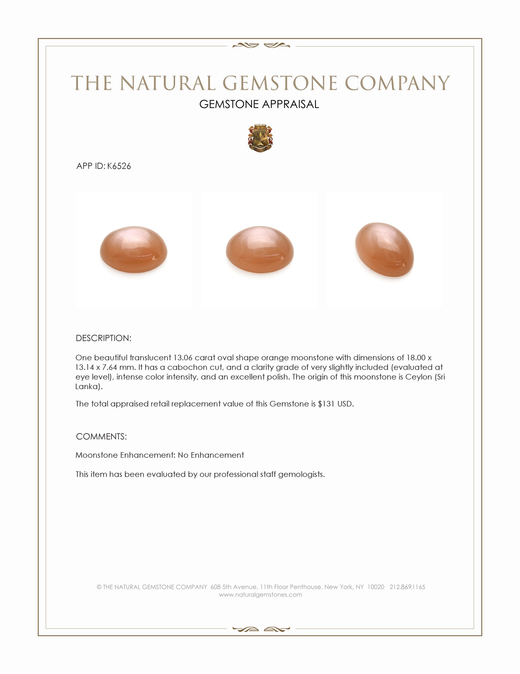 13.06 Ct. Cabochon Moonstone from Ceylon (Sri Lanka)