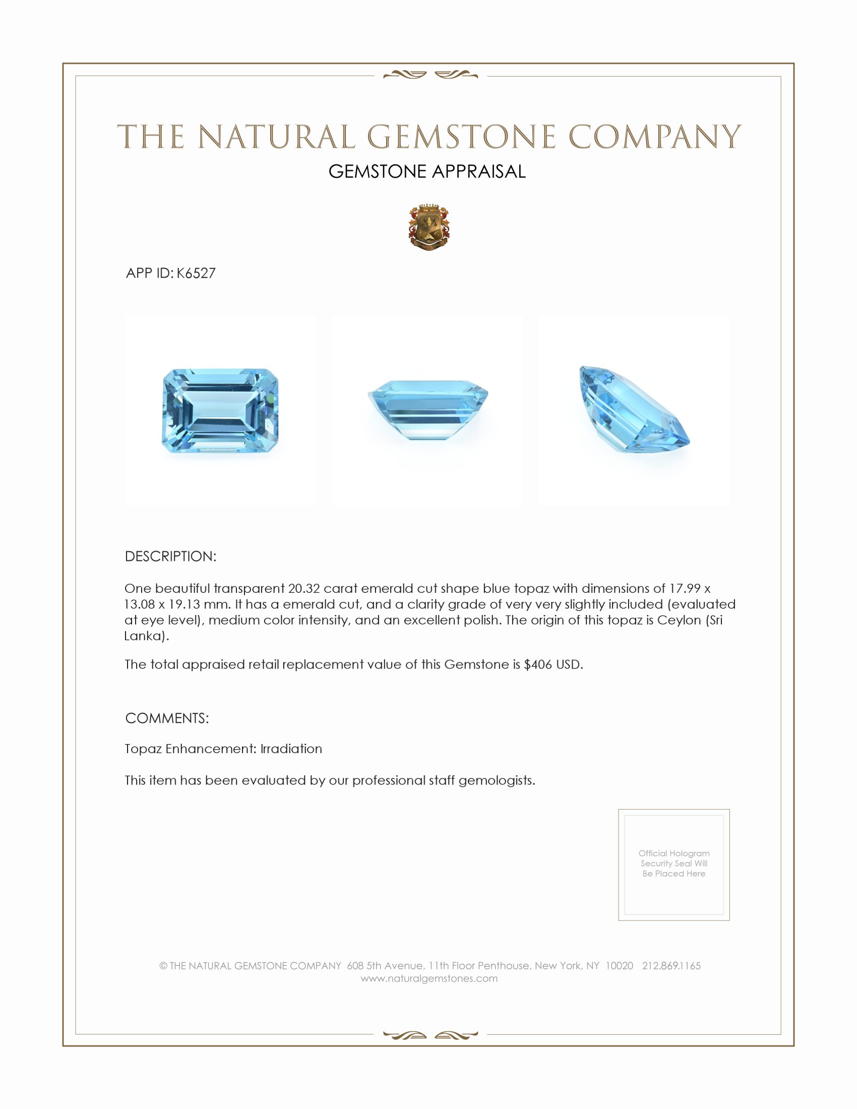 20.32 Ct. Blue Topaz from Ceylon (Sri Lanka)
