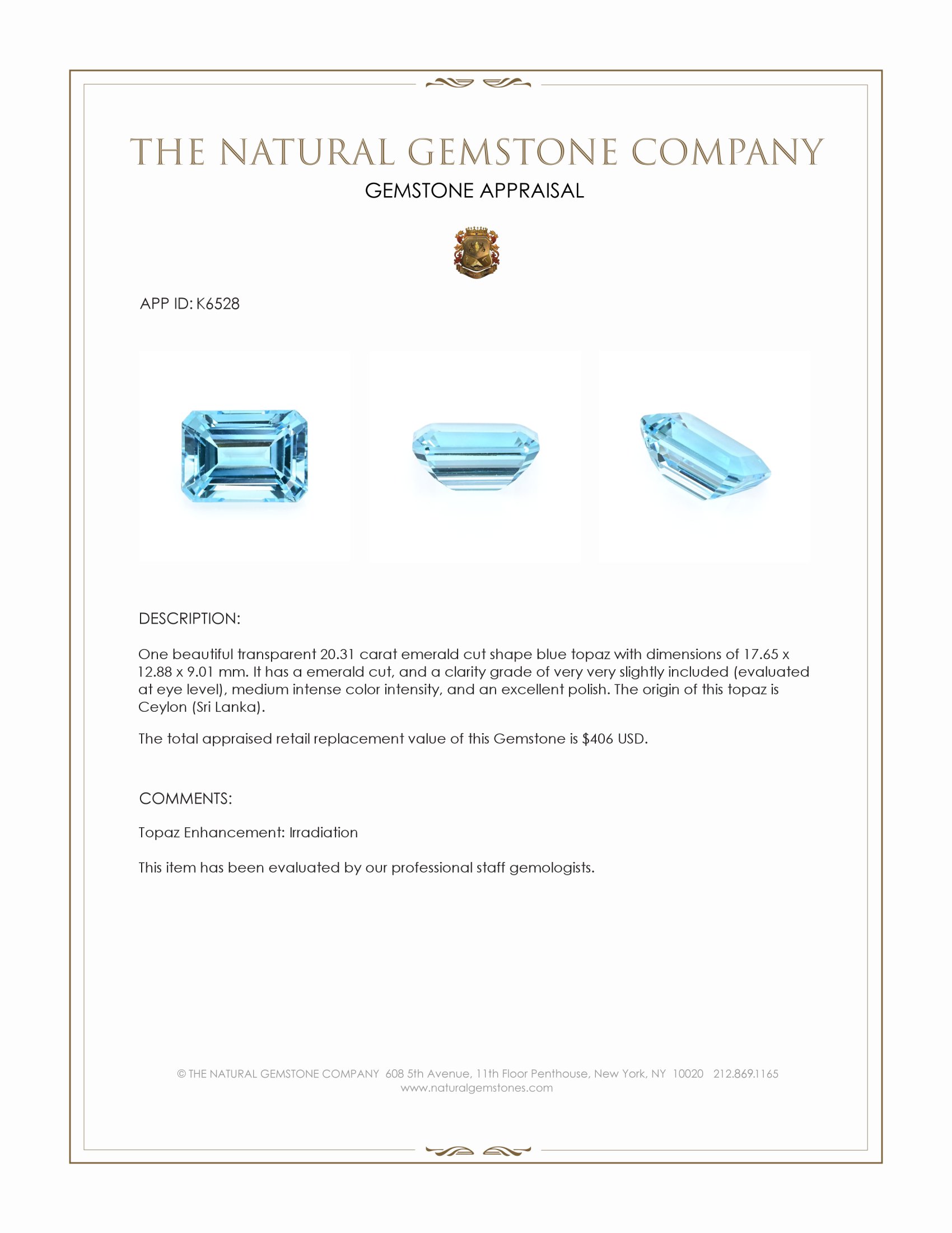 20.31 Ct. Blue Topaz from Ceylon (Sri Lanka)