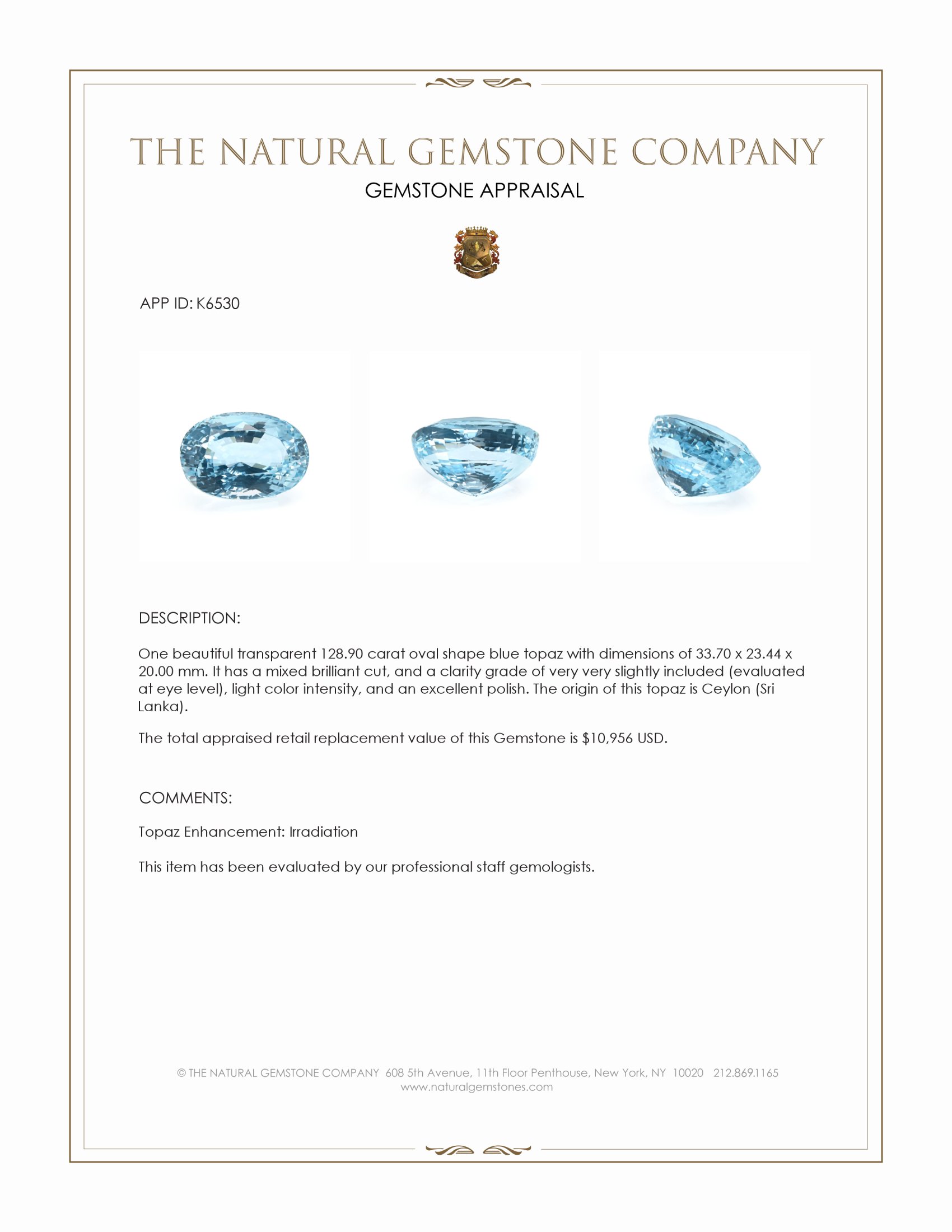 128.90 Ct. Blue Topaz from Ceylon (Sri Lanka)