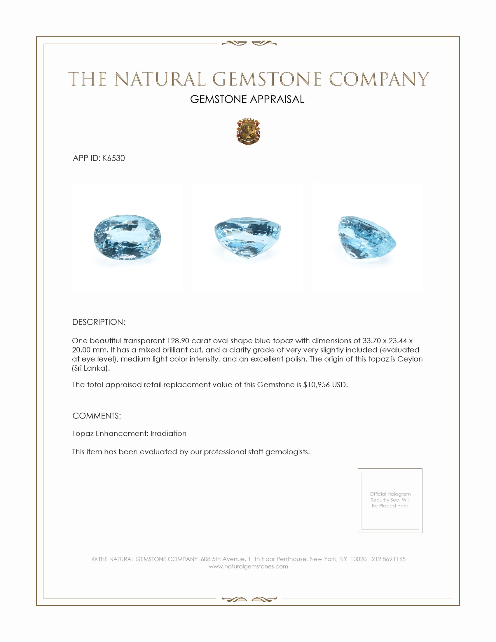 128.90 Ct. Topaz from Ceylon (Sri Lanka)