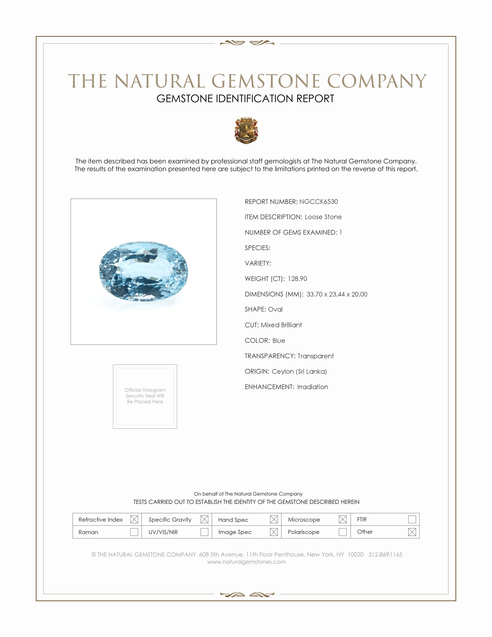 128.90 Ct. Blue Topaz from Ceylon (Sri Lanka)