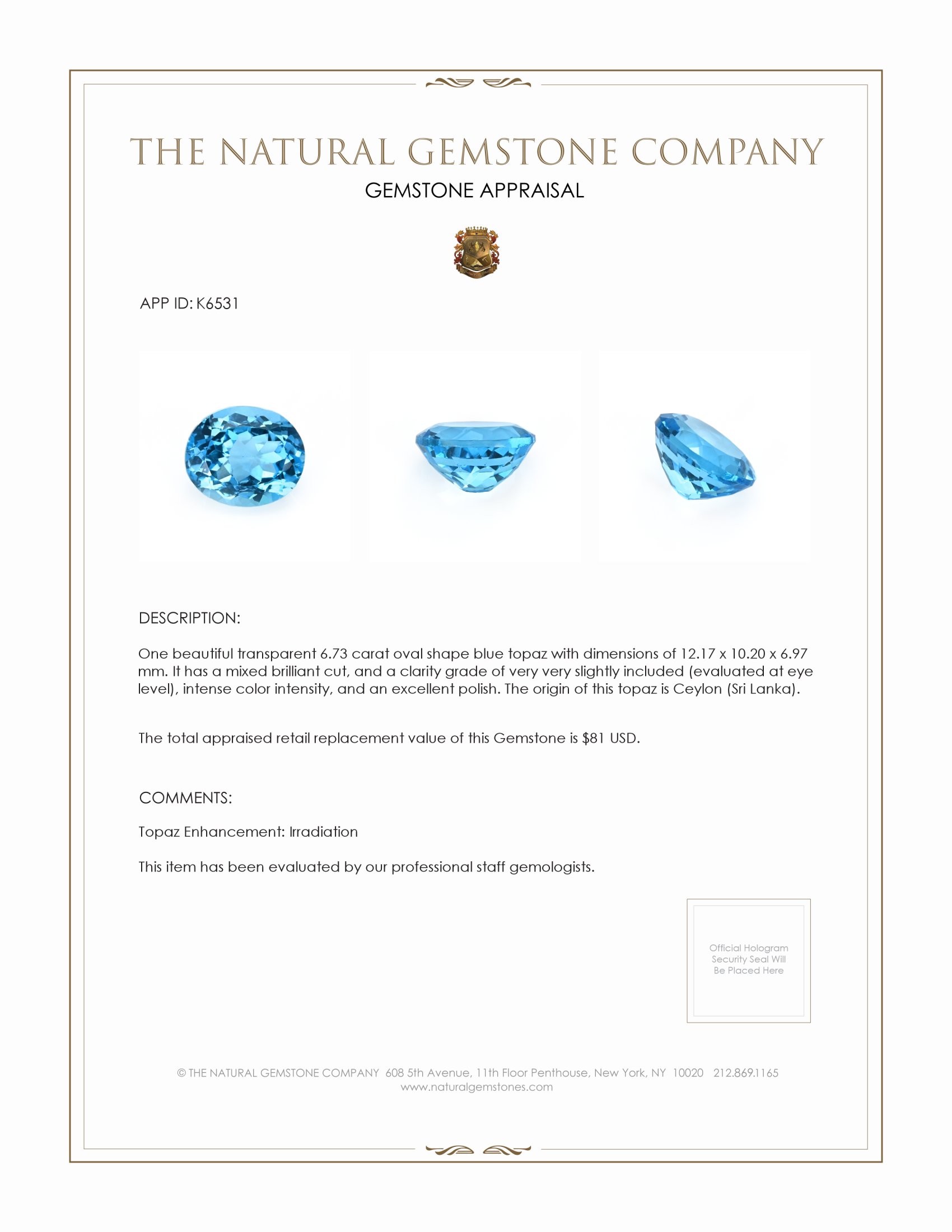 6.73 Ct. Topaz from Ceylon (Sri Lanka)
