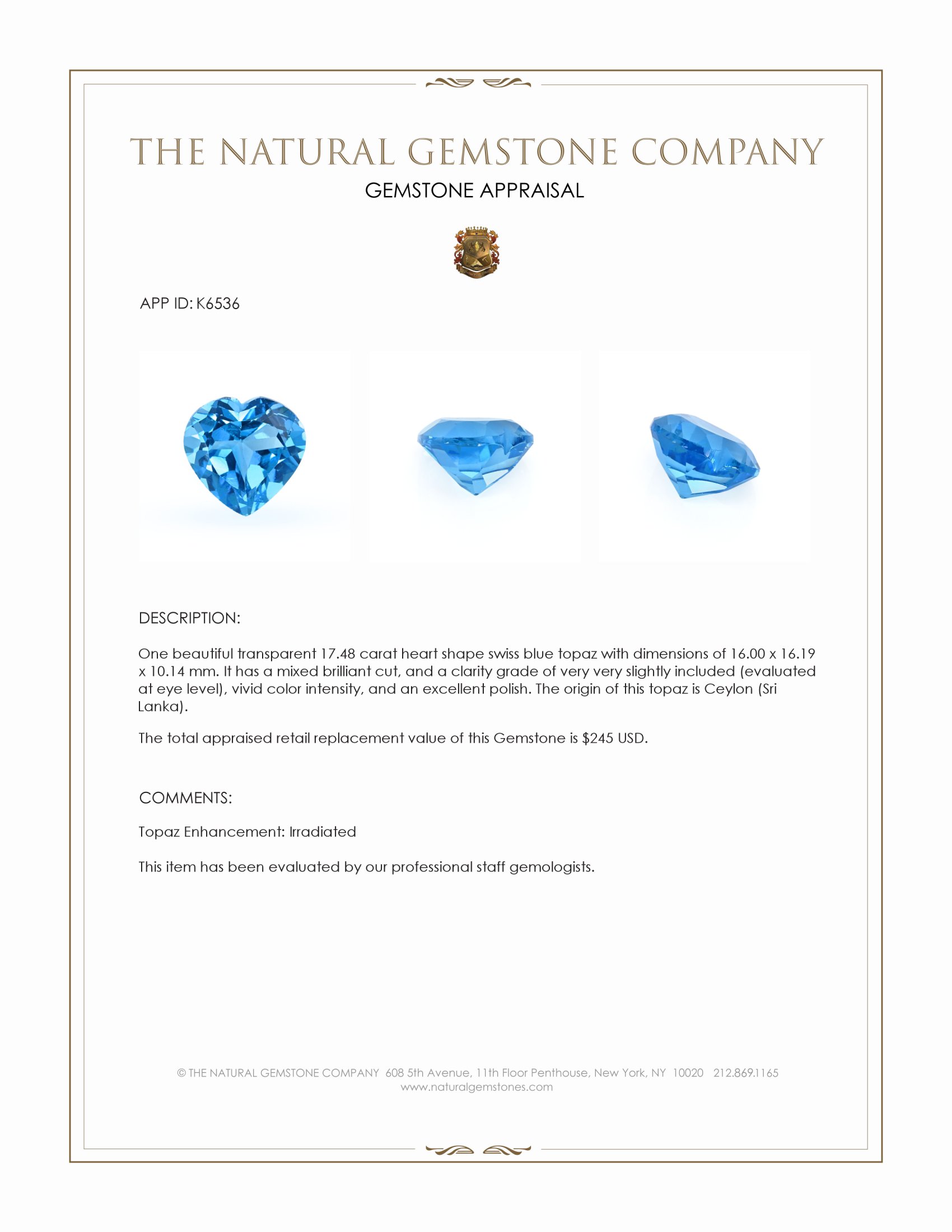 17.48 Ct. Swiss Blue Topaz from Ceylon (Sri Lanka)