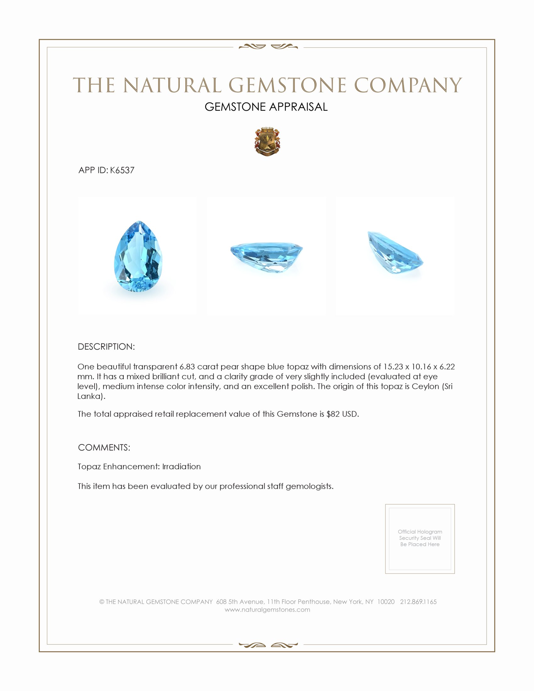 6.83 Ct. Blue Topaz from Ceylon (Sri Lanka)