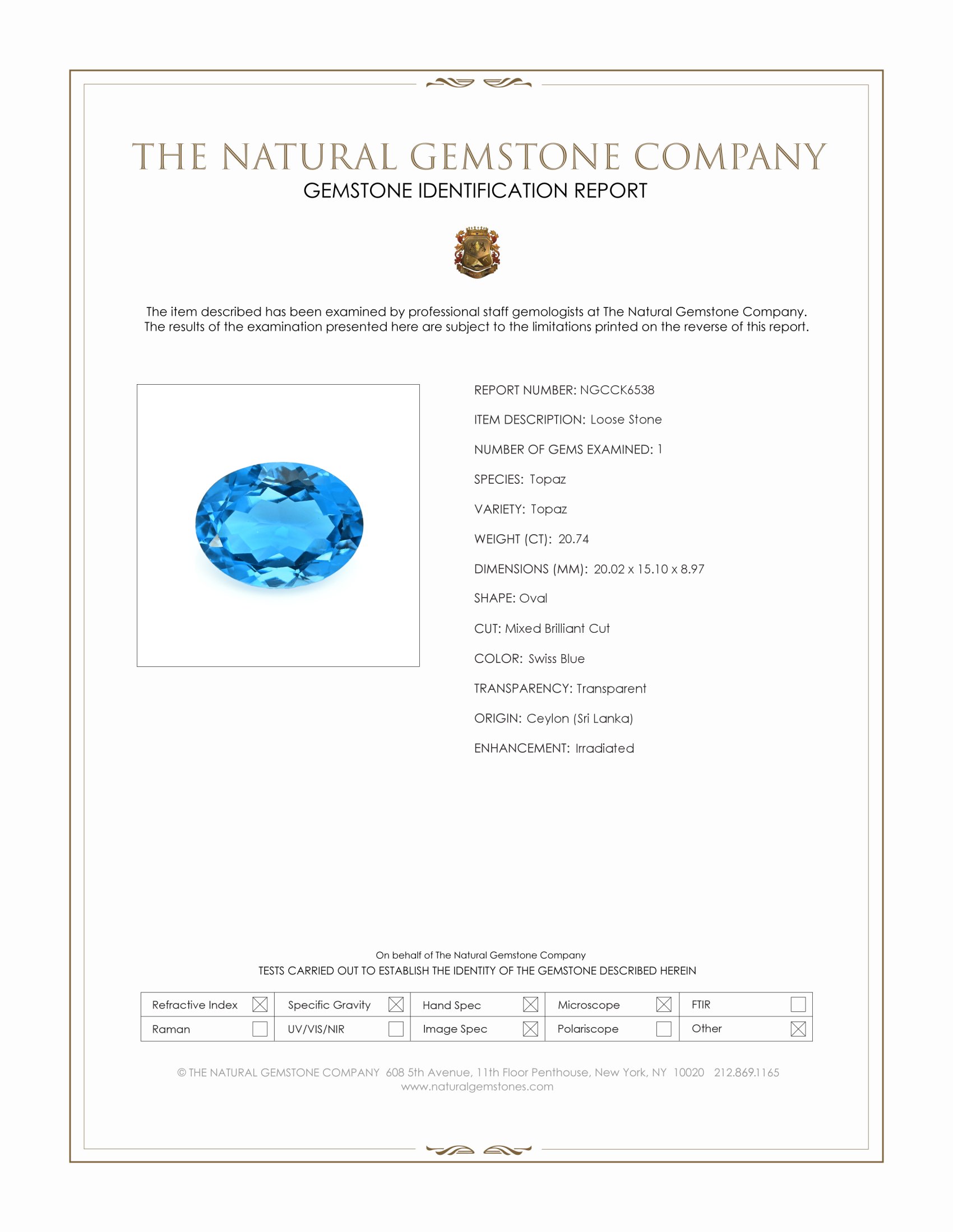 20.74 Ct. Swiss Blue Topaz from Ceylon (Sri Lanka)