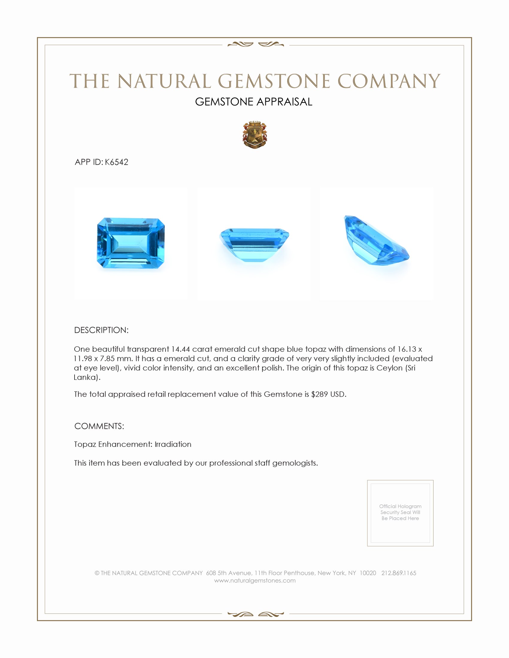 14.44 Ct. Topaz from Ceylon (Sri Lanka)