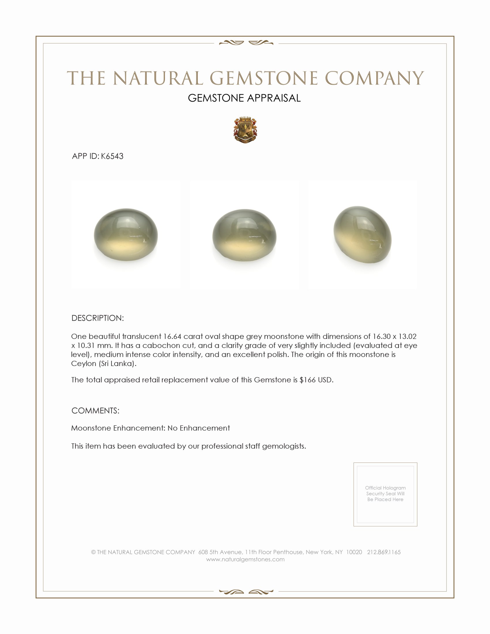 16.64 Ct. Cabochon Moonstone from Ceylon (Sri Lanka)