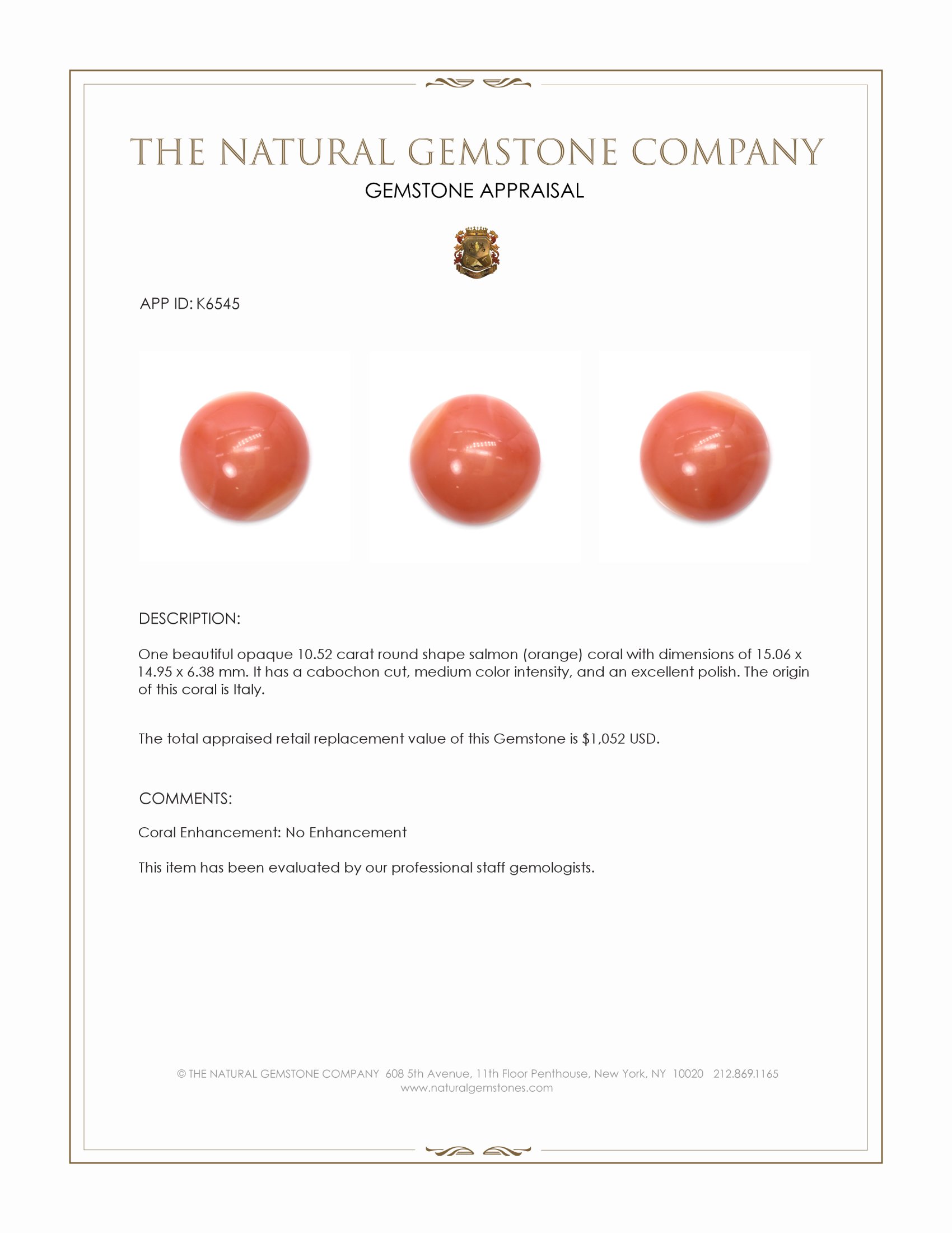 10.52 Ct. Salmon (Orange) Cabochon Coral from Italy
