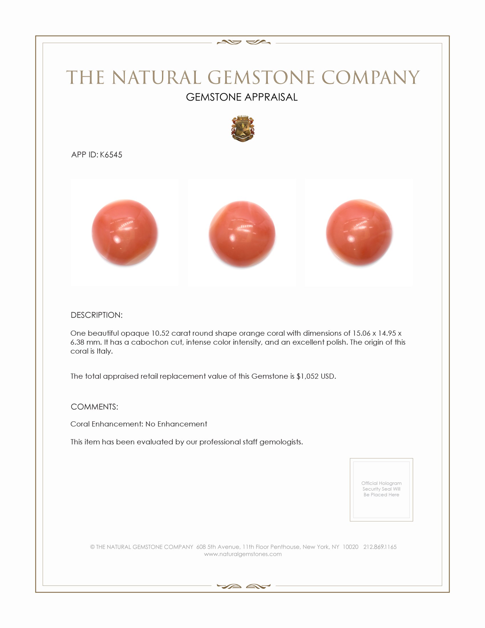 10.52 Ct. Cabochon Coral from Italy