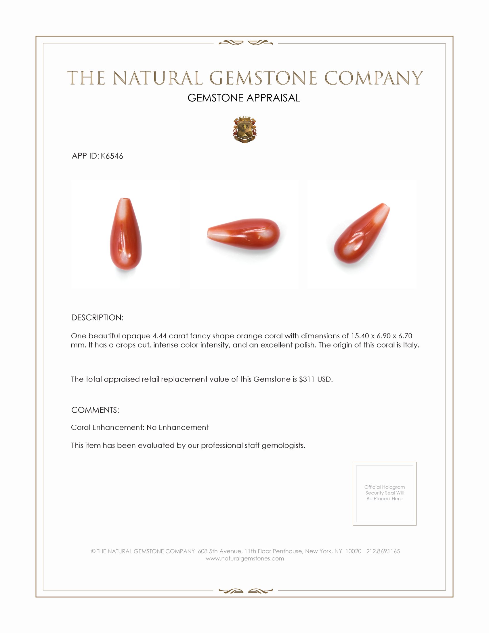 4.44 Ct. Coral from Italy