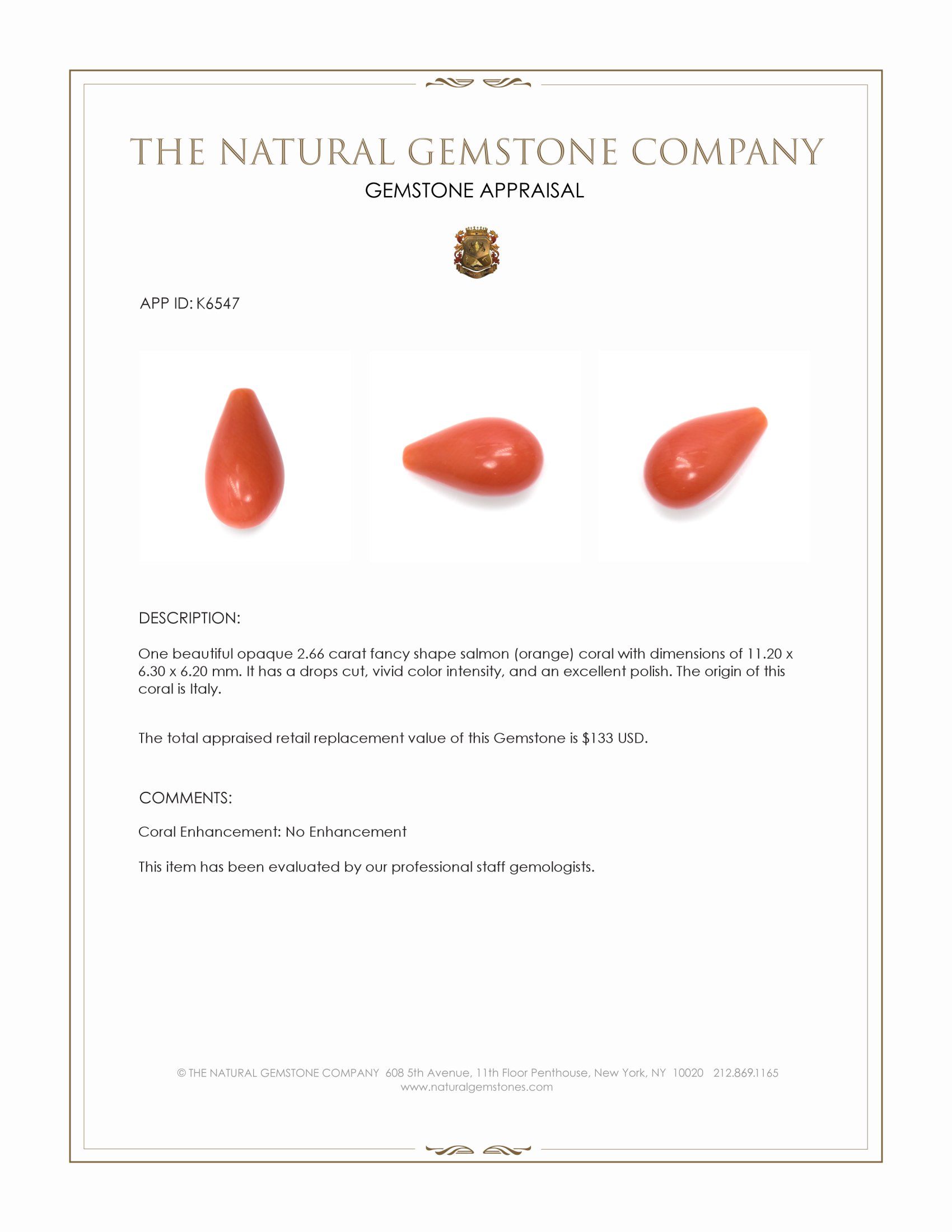2.66 Ct. Salmon (Orange) Coral from Italy