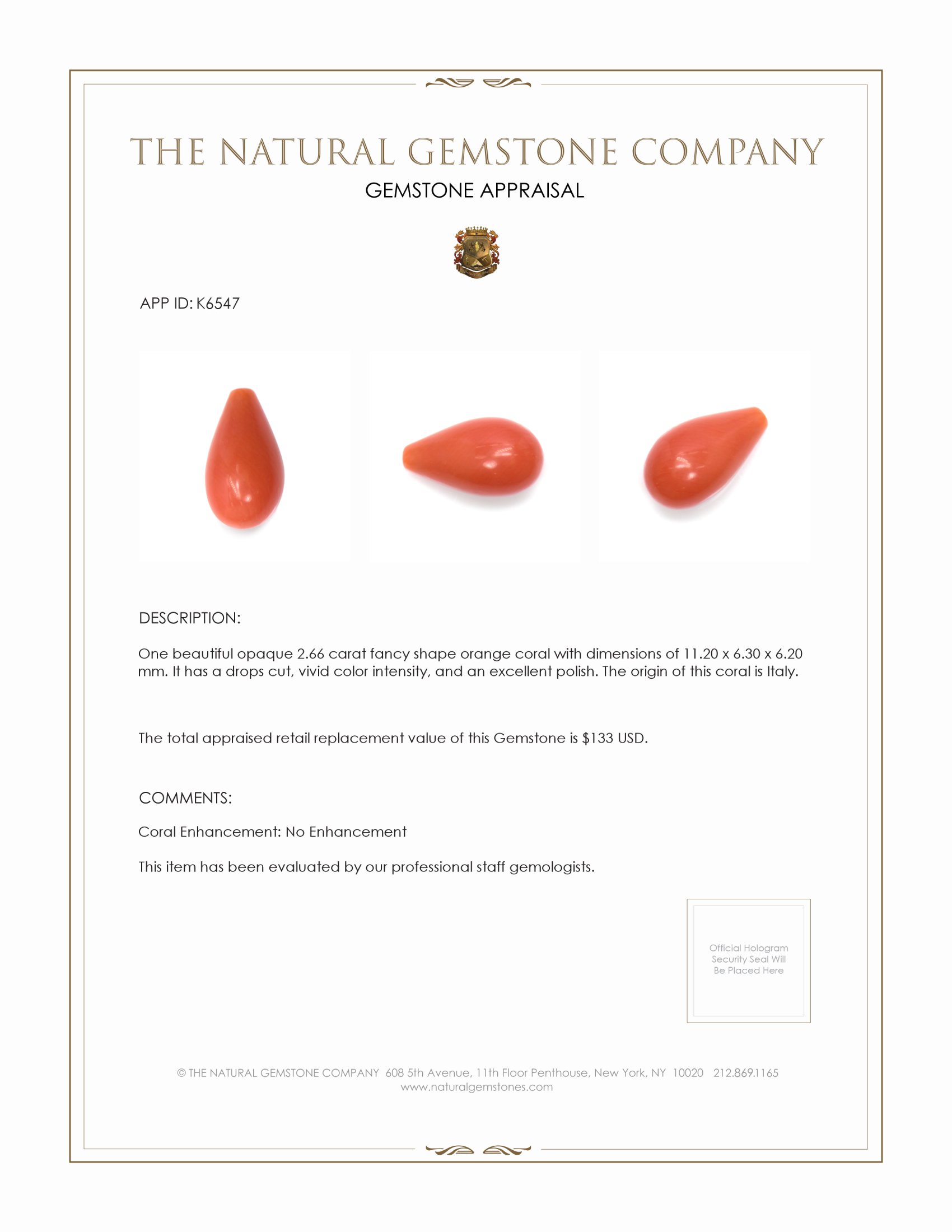 2.66 Ct. Coral from Italy