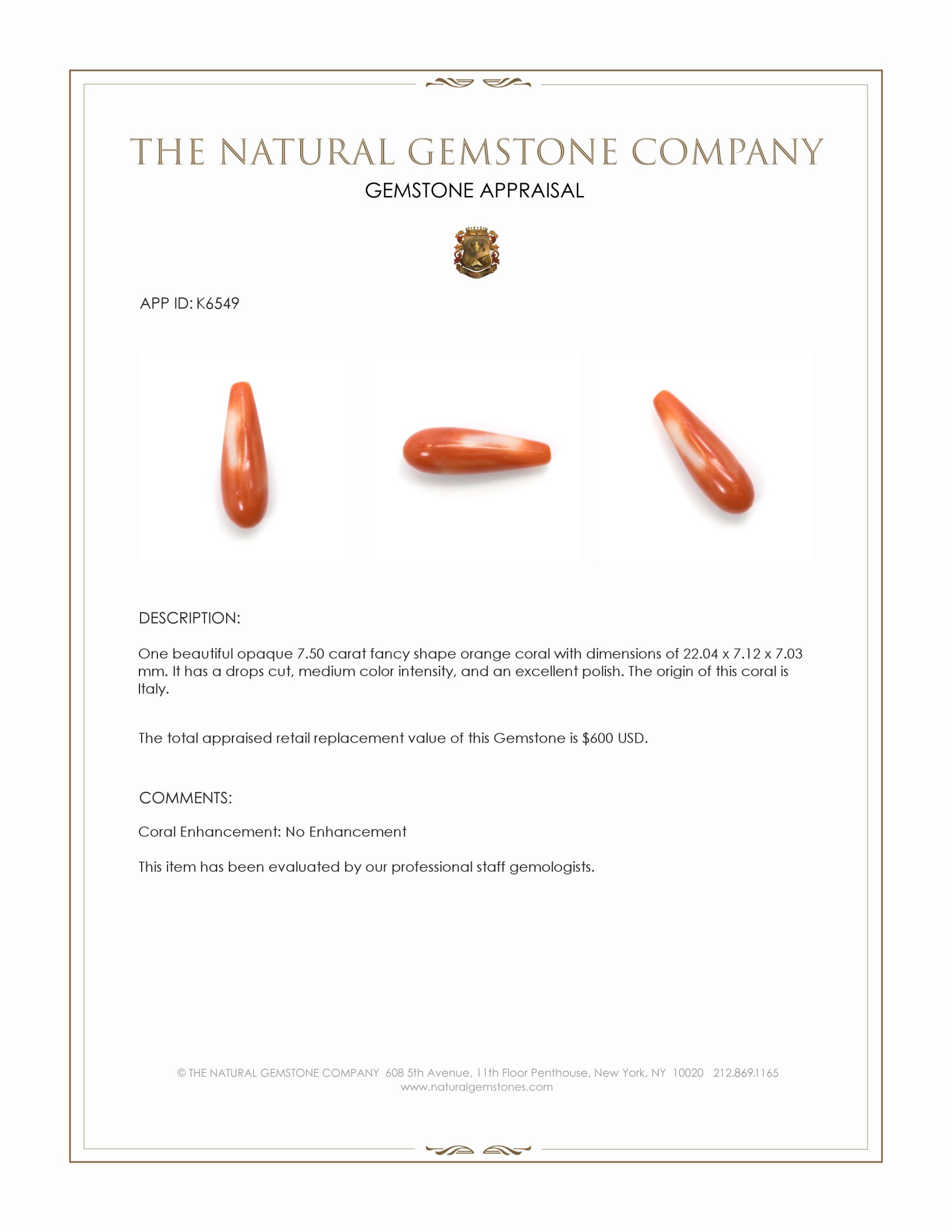 7.50 Ct. Coral from Italy