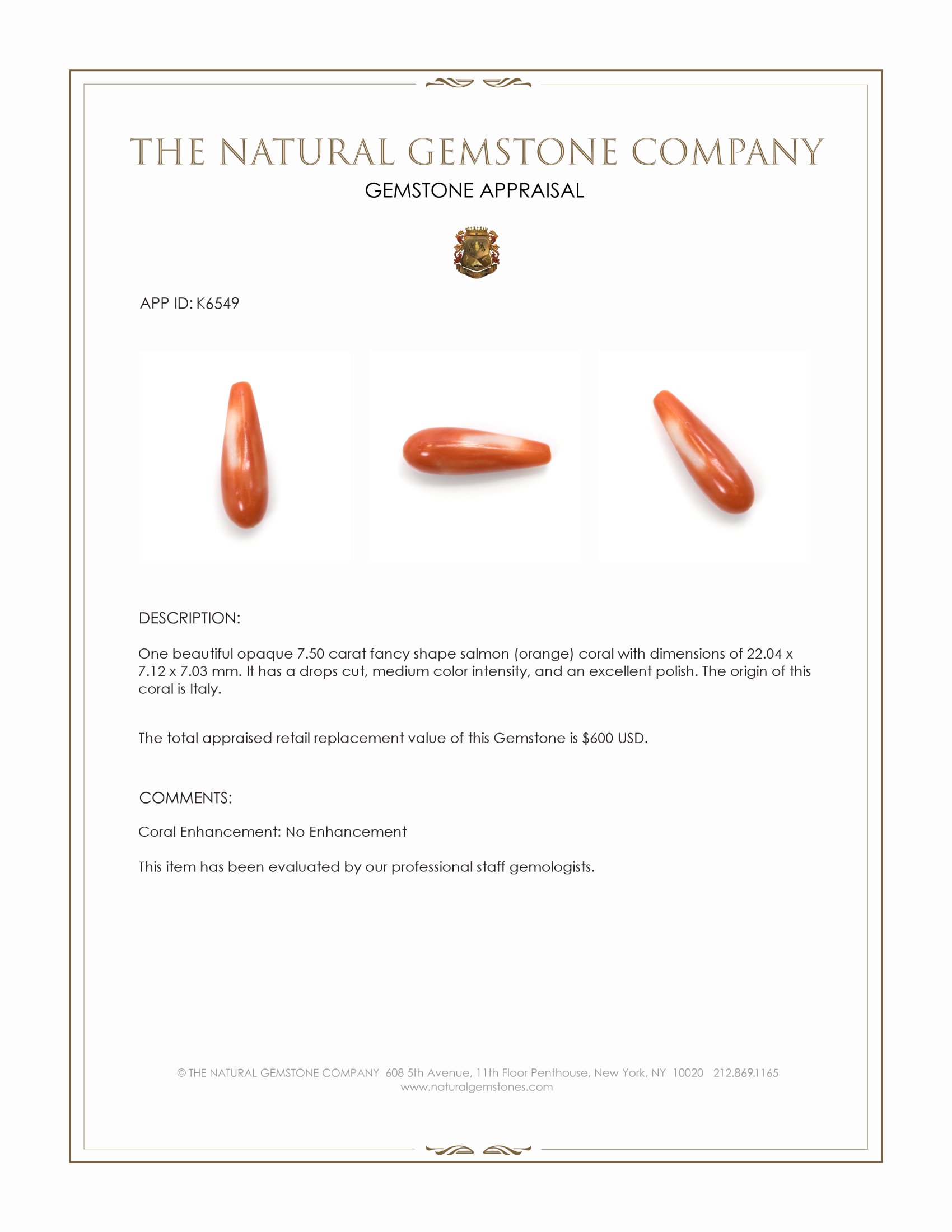 7.50 Ct. Salmon (Orange) Coral from Italy