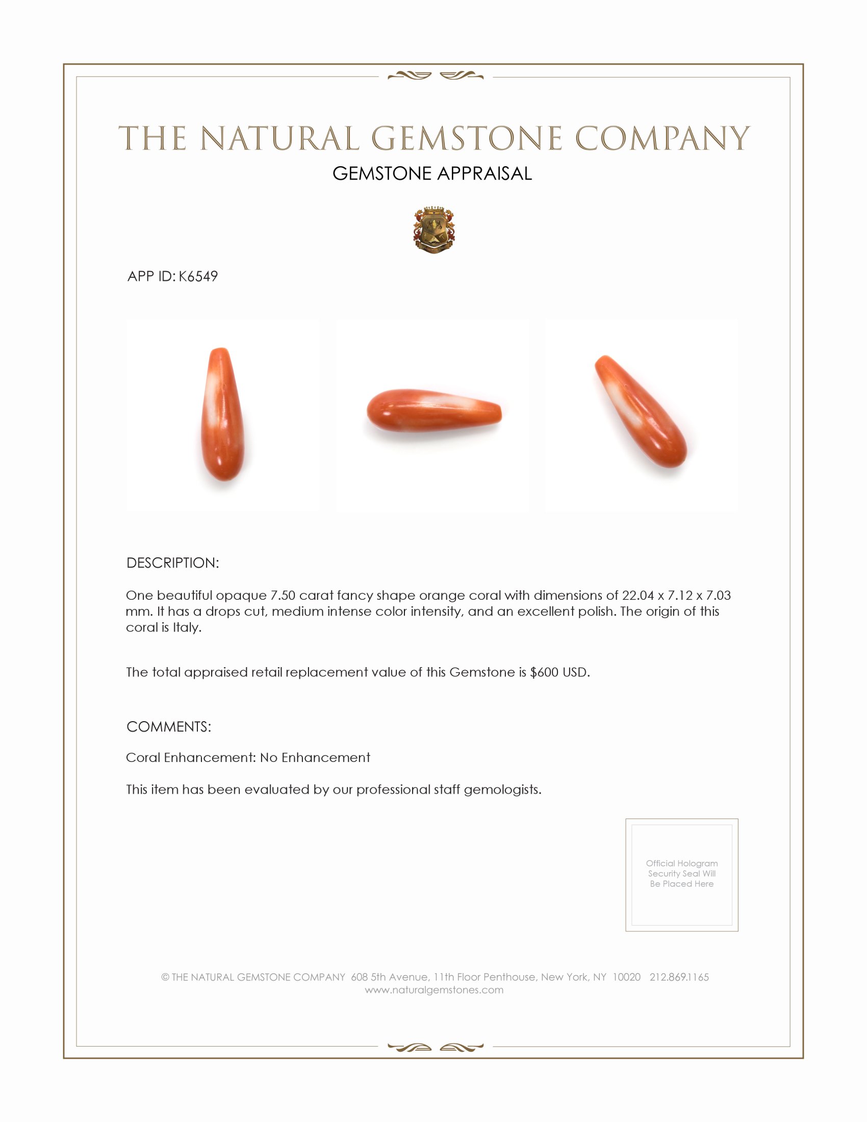 7.50 Ct. Coral from Italy