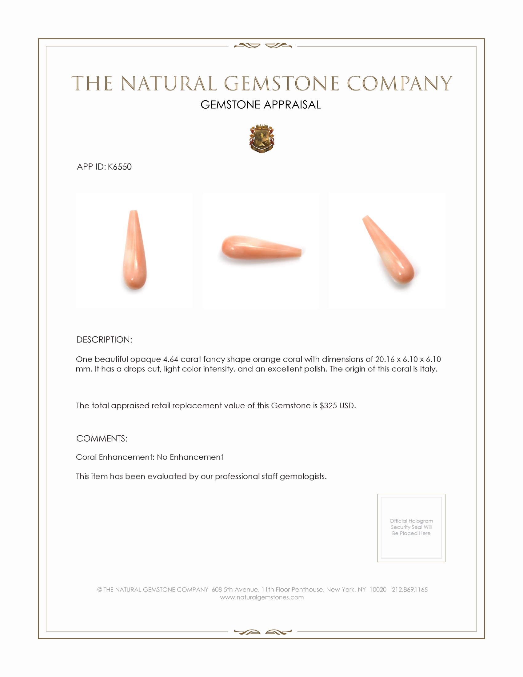 4.64 Ct. Coral from Italy