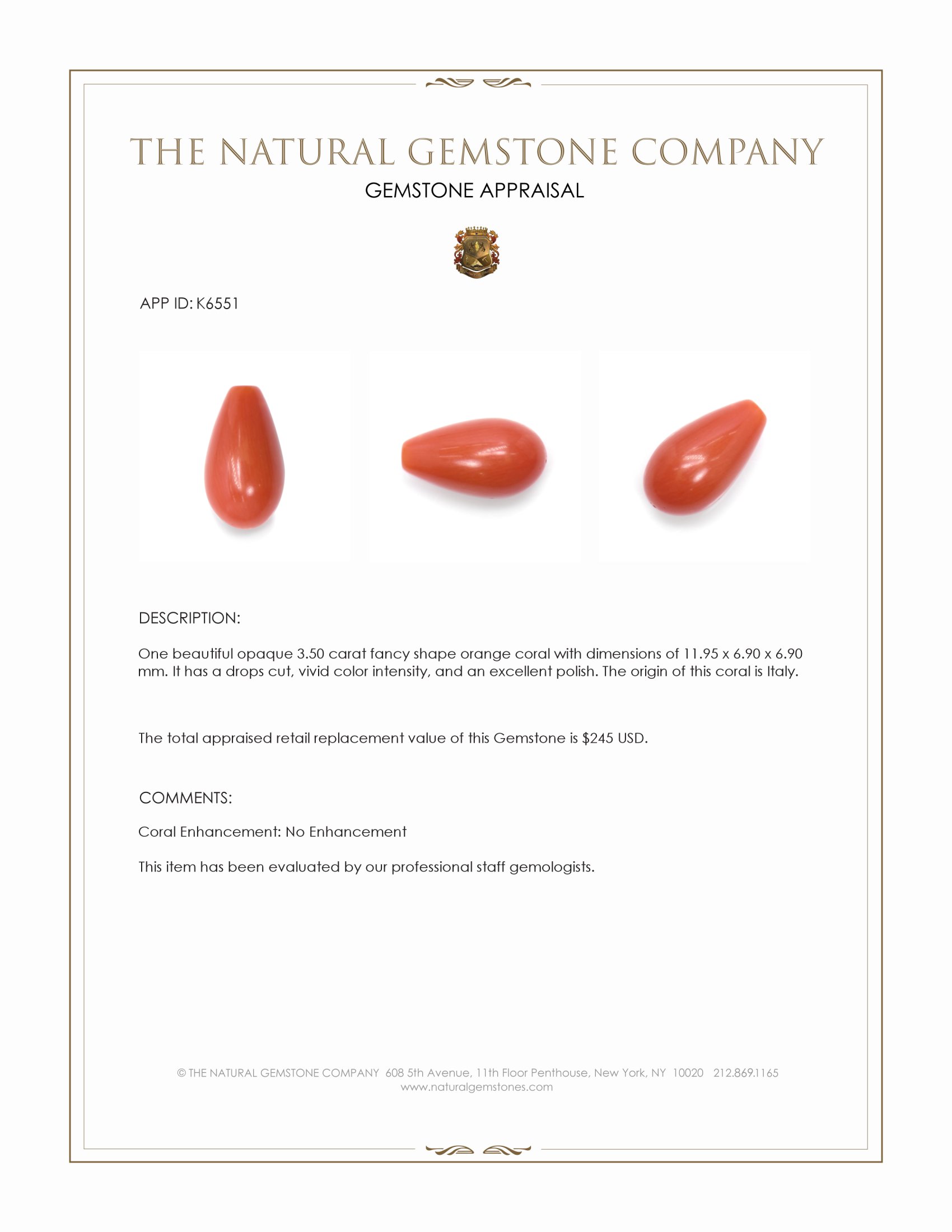 3.50 Ct. Salmon (Orange) Coral from Italy