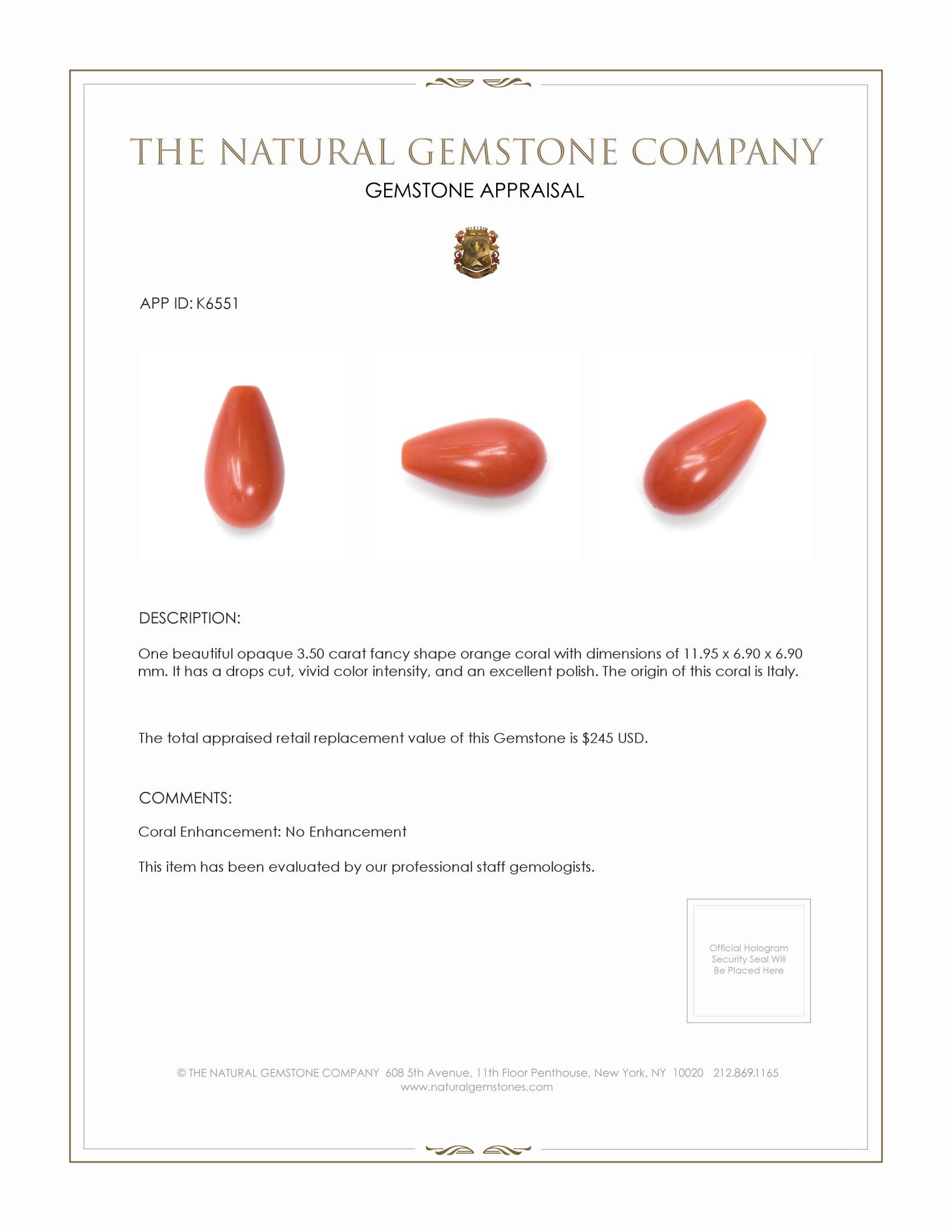 3.50 Ct. Coral from Italy