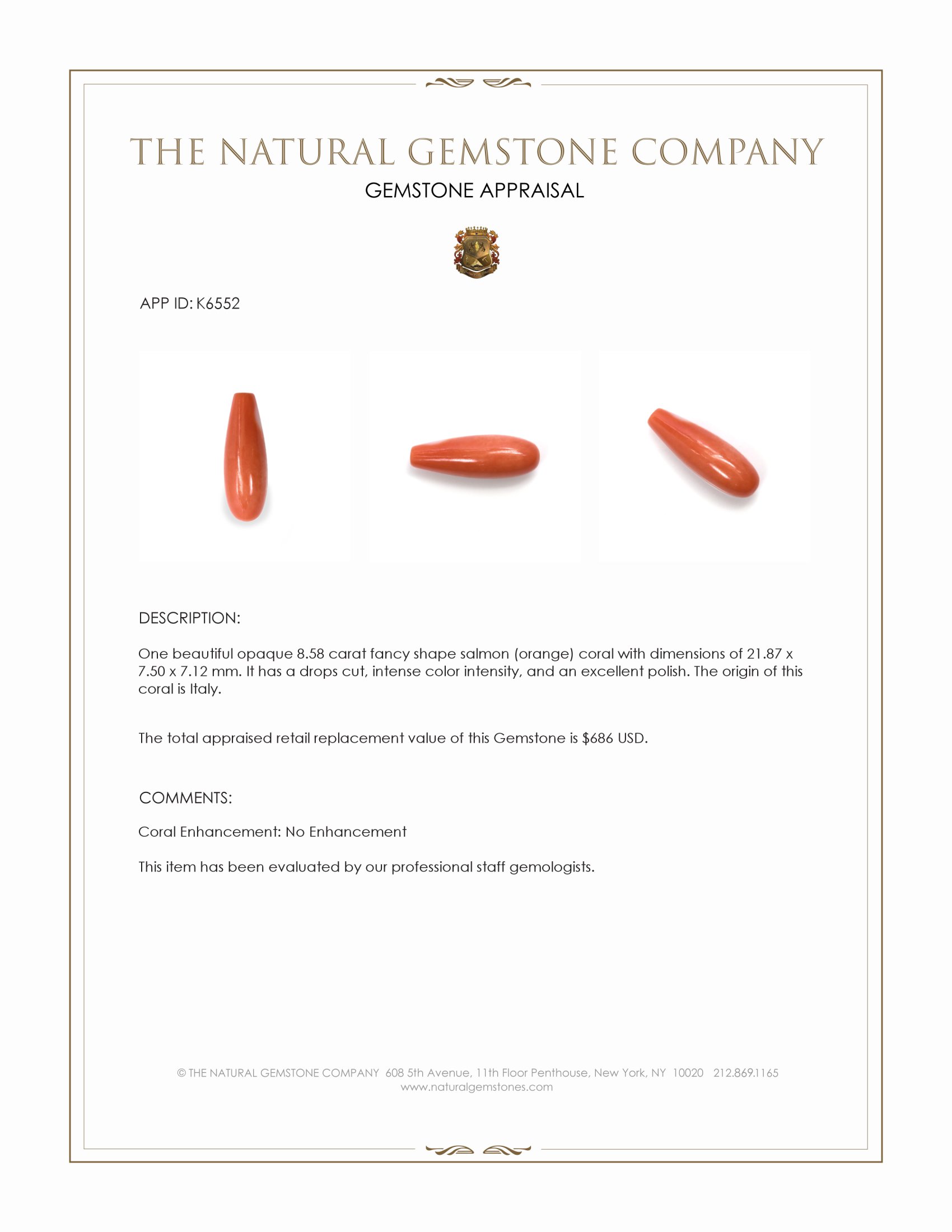 8.58 Ct. Salmon (Orange) Cabochon Coral from Italy