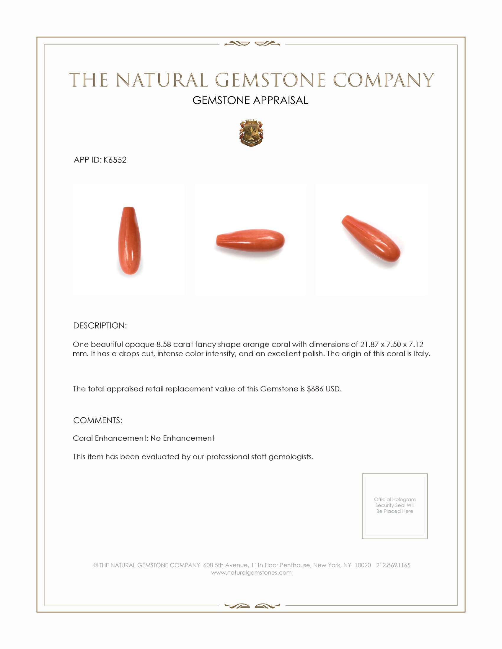 8.58 Ct. Coral from Italy