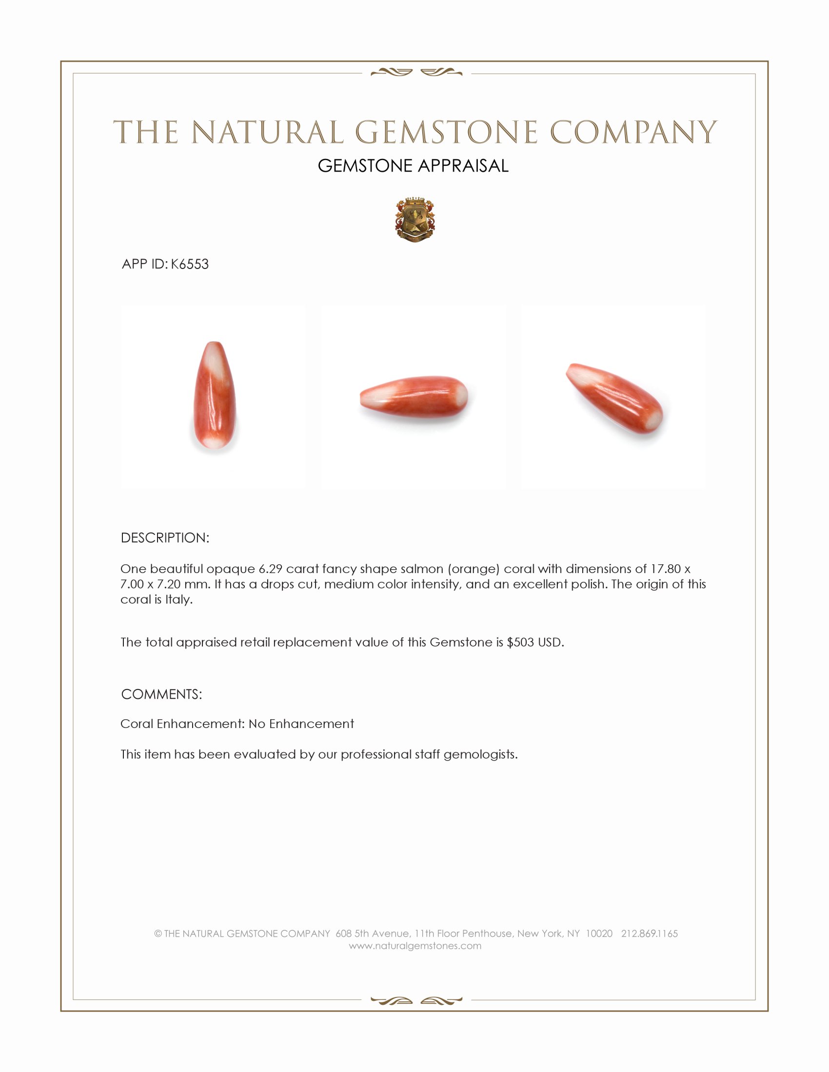 6.29 Ct. Salmon (Orange) Coral from Italy