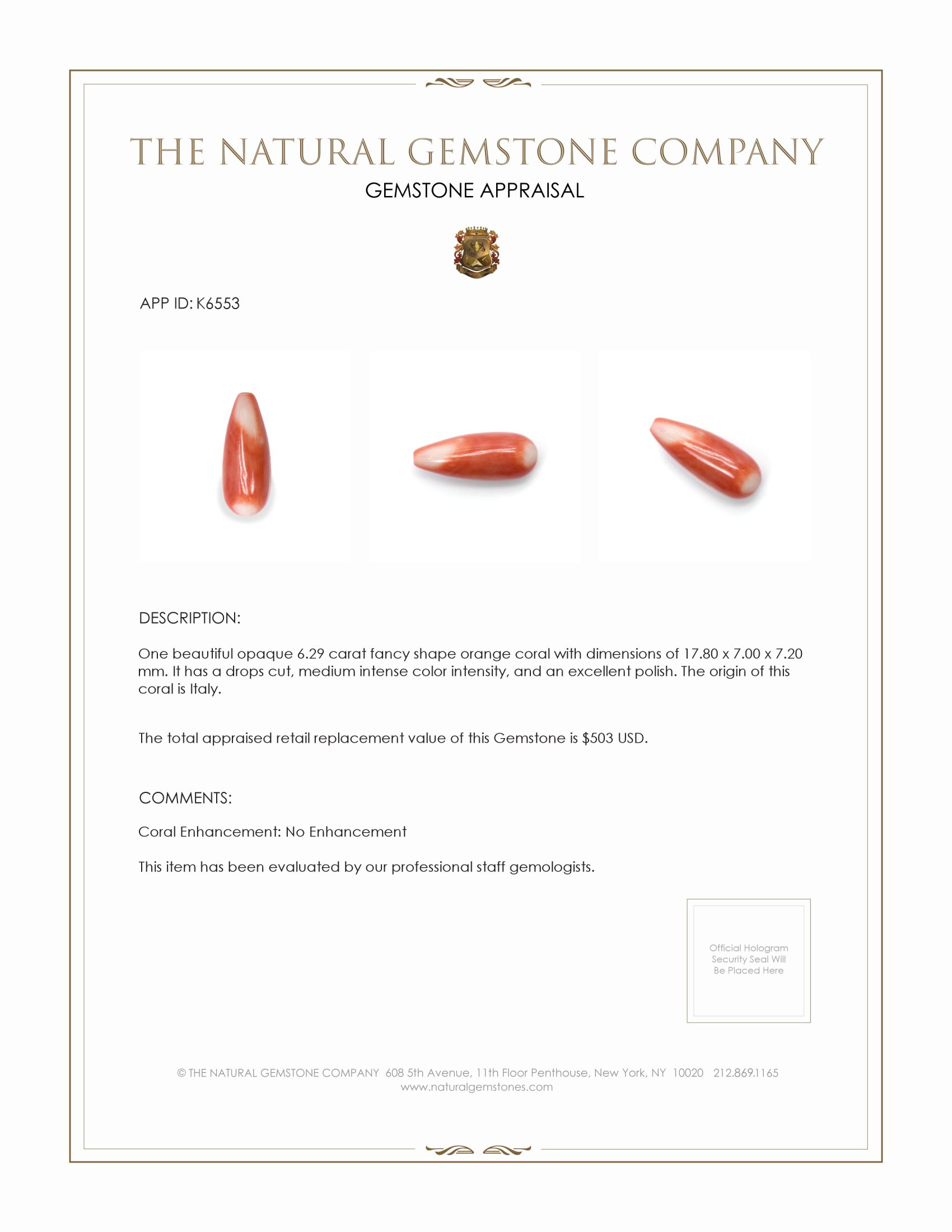 6.29 Ct. Coral from Italy